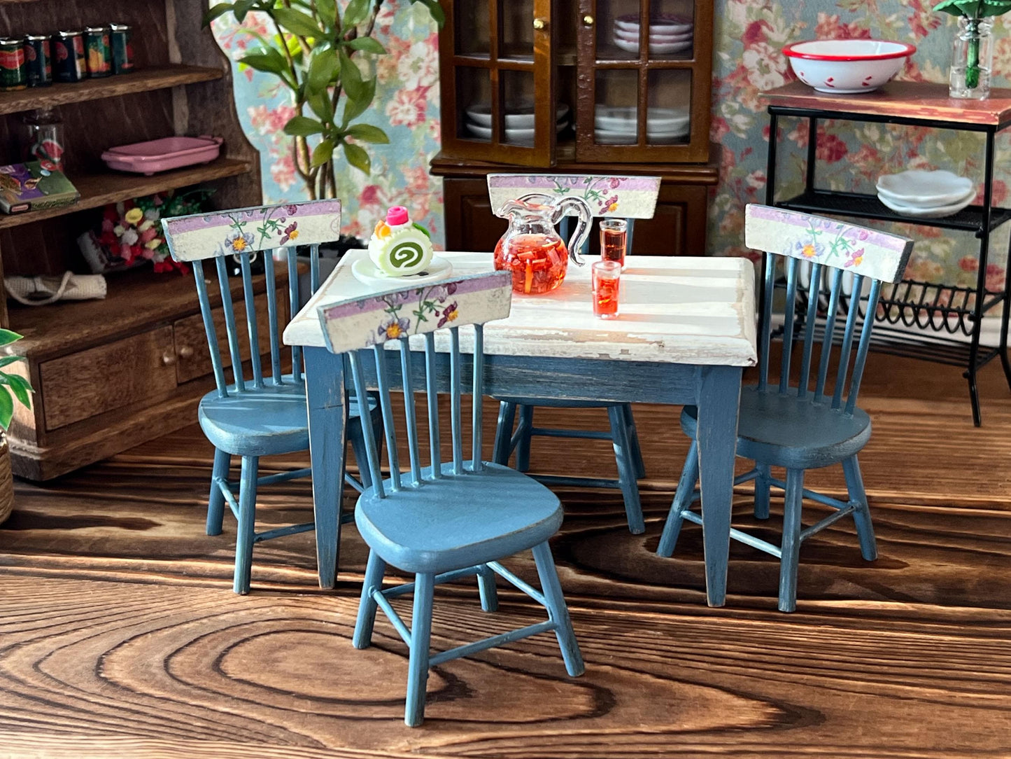 Miniature Dining Room Set 1:12 Scale - Dollhouse Furniture Blue Distress Table & Chairs __etsy:6827479312
