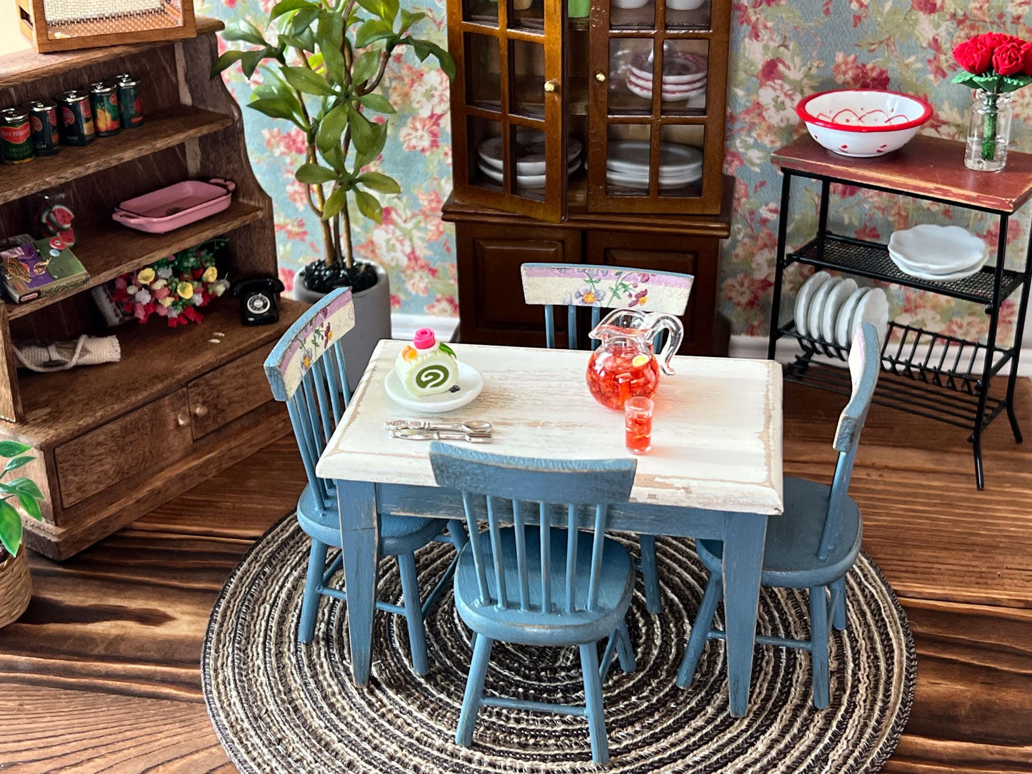 Miniature Dining Room Set 1:12 Scale - Dollhouse Furniture Blue Distress Table & Chairs __etsy:6875453125