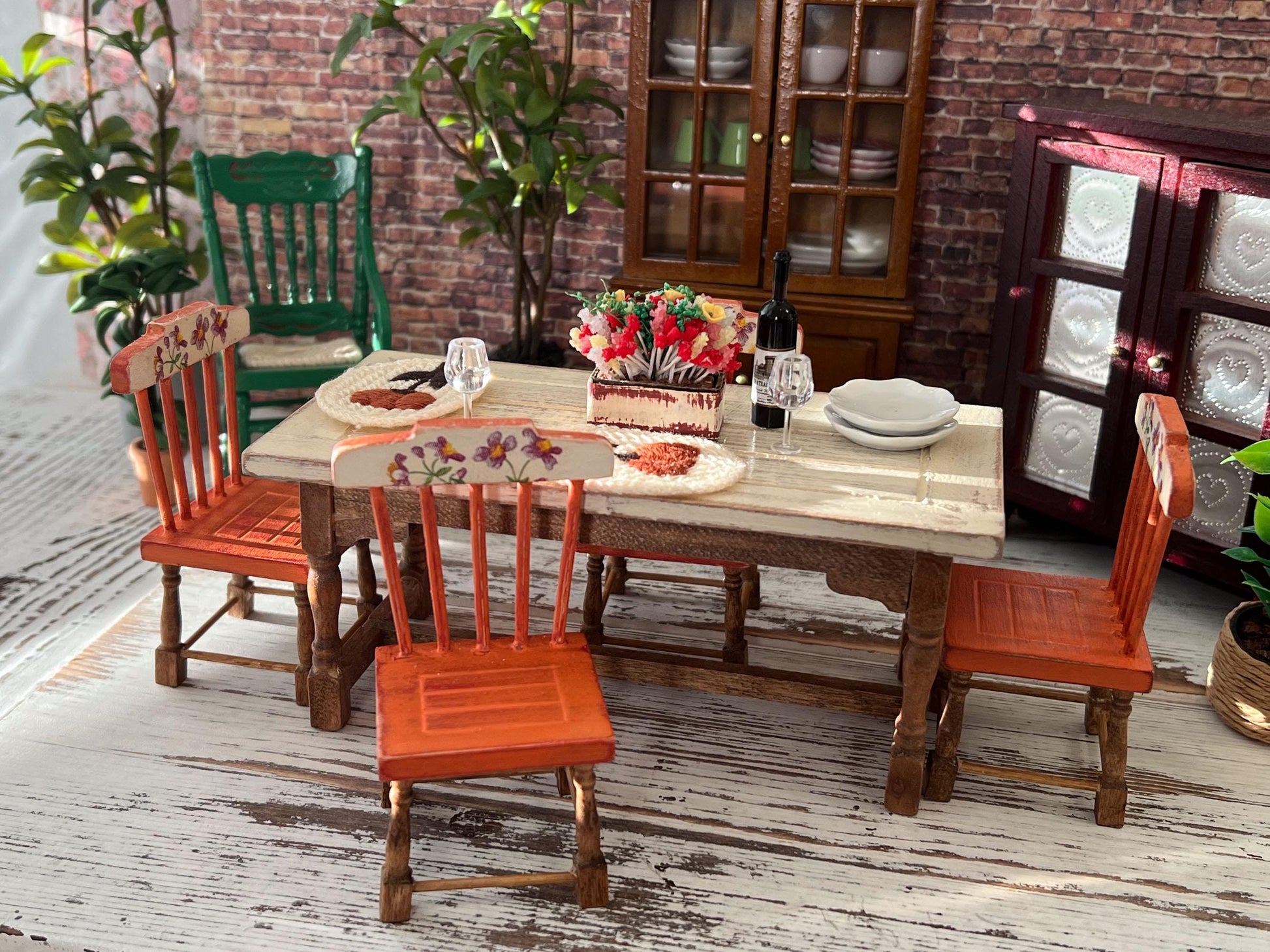 Miniature Dining Room Set – 1:12 Scale, Dollhouse Furniture Distressed Table & Chairs __etsy:7148258584
