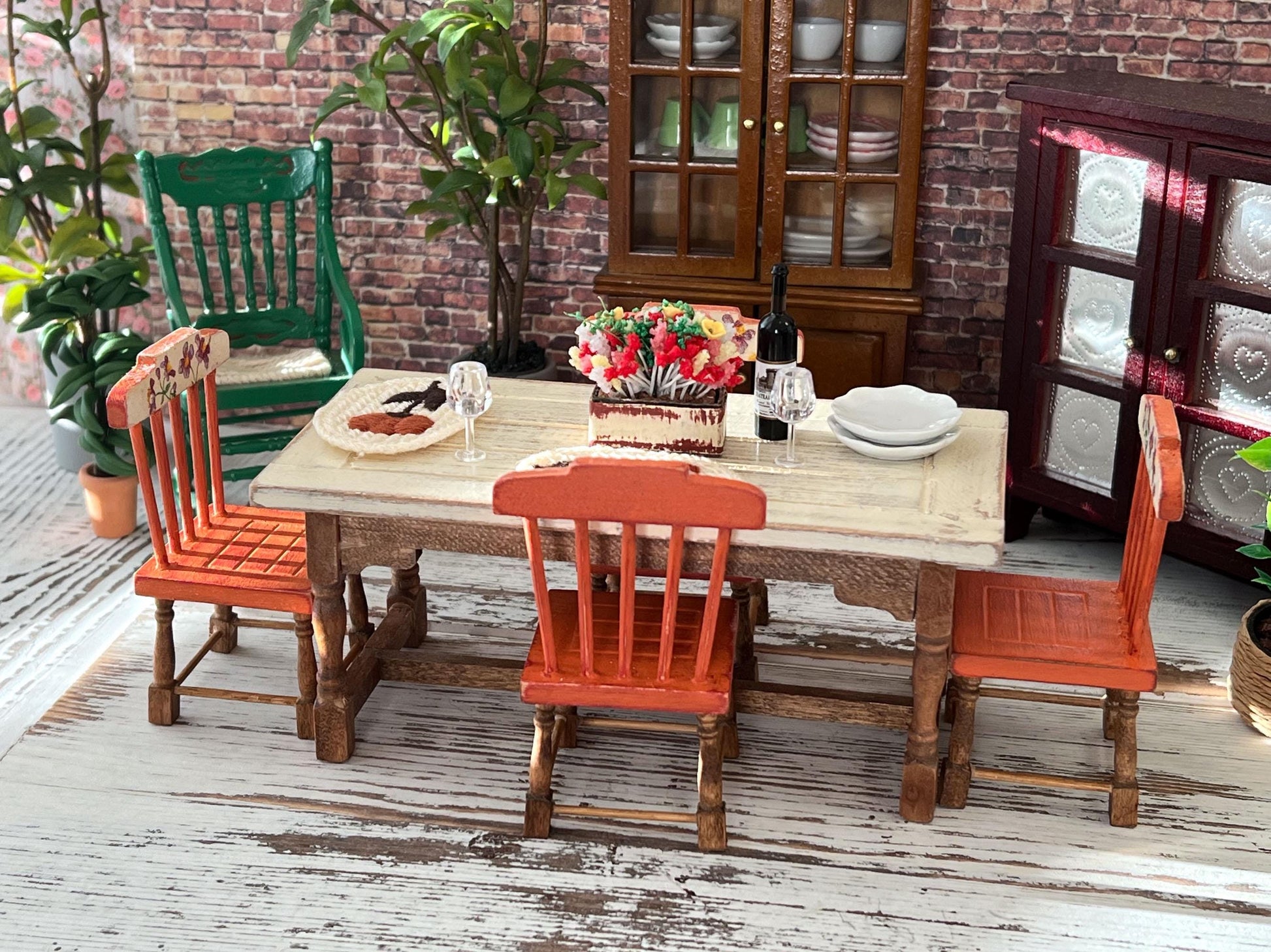 Miniature Dining Room Set – 1:12 Scale, Dollhouse Furniture Distressed Table & Chairs __etsy:7196247267