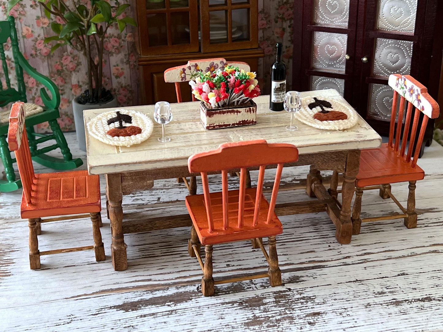 Miniature Dining Room Set – 1:12 Scale, Dollhouse Furniture Distressed Table & Chairs __etsy:7148258514