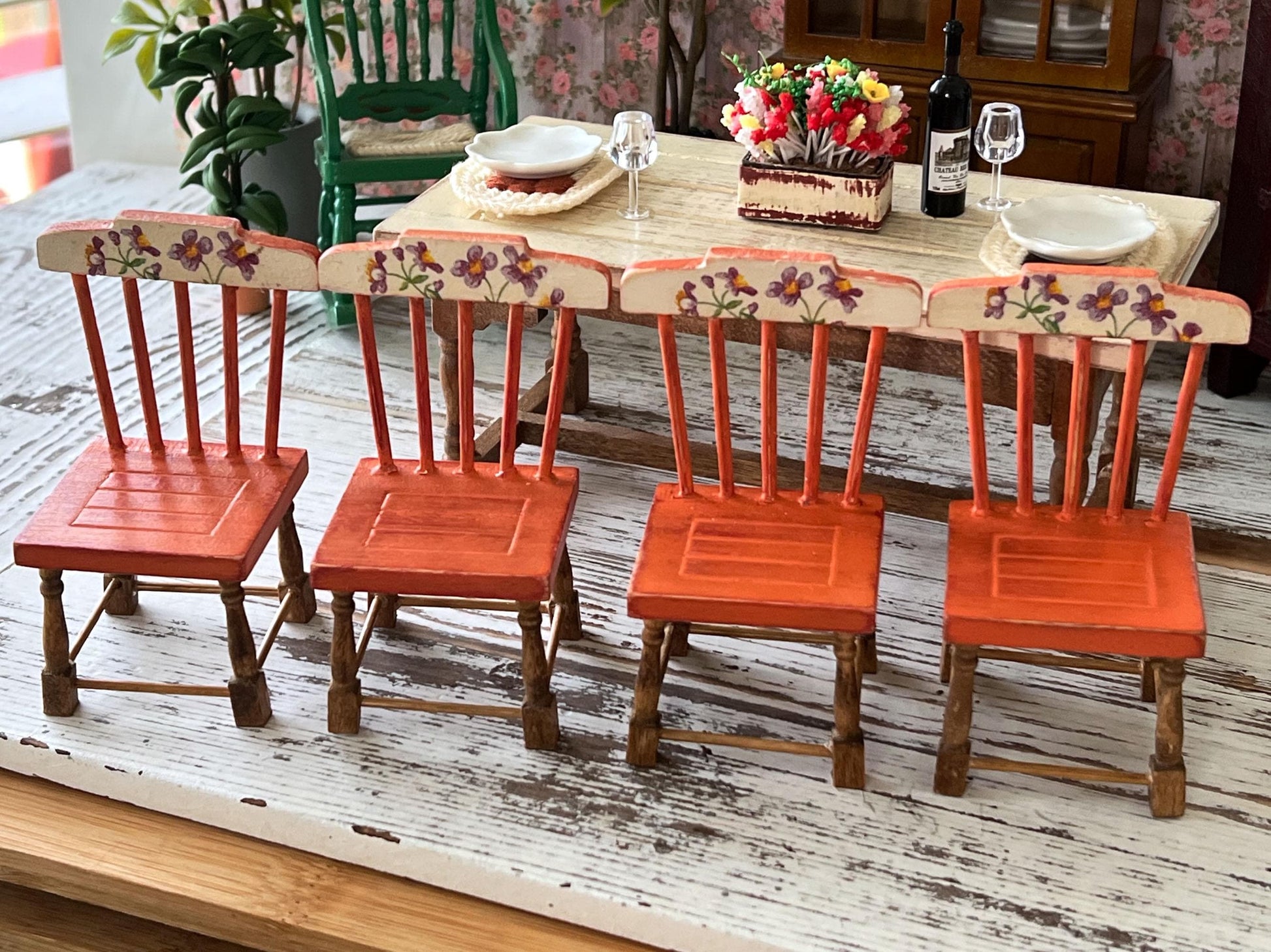 Miniature Dining Room Set – 1:12 Scale, Dollhouse Furniture Distressed Table & Chairs __etsy:7196247205