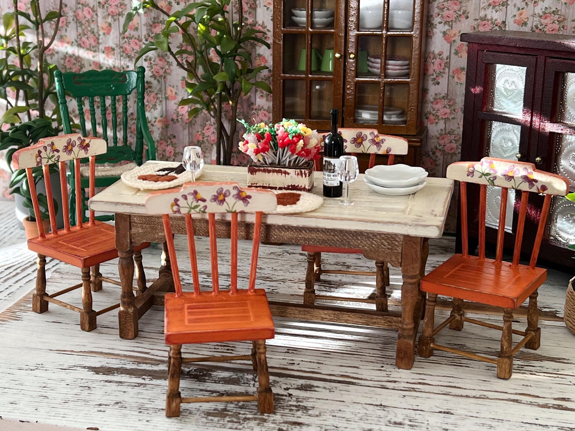 Miniature Dining Room Set – 1:12 Scale, Dollhouse Furniture Distressed Table & Chairs __etsy:7148258518