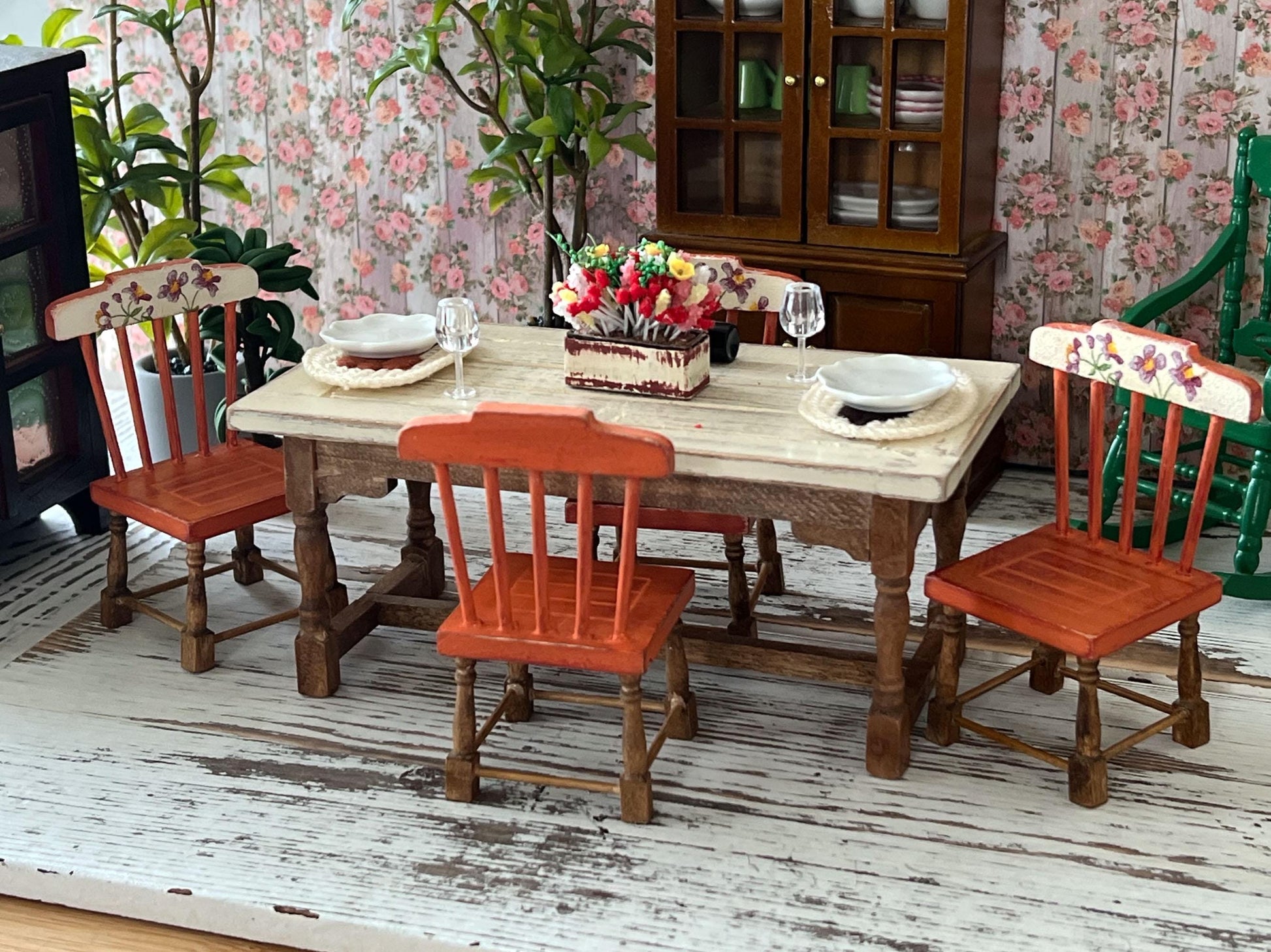 Miniature Dining Room Set – 1:12 Scale, Dollhouse Furniture Distressed Table & Chairs __etsy:7148258502