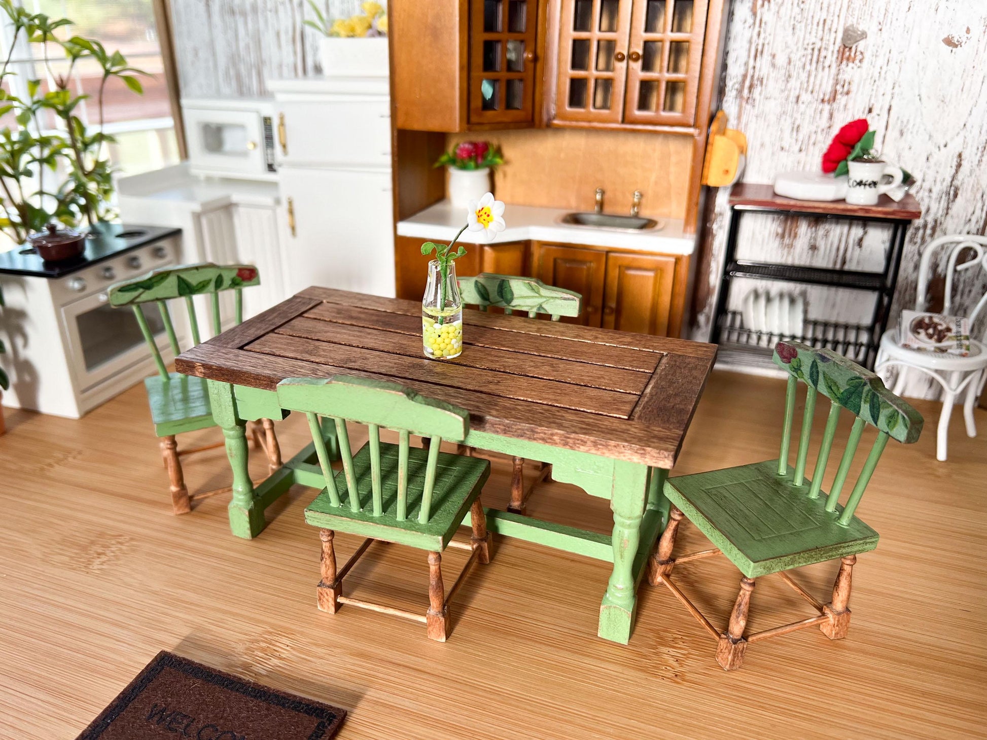 Miniature Dining Room Set 1:12 Scale – Dollhouse Furniture Green Distressed Table & Chairs __etsy:6440598060