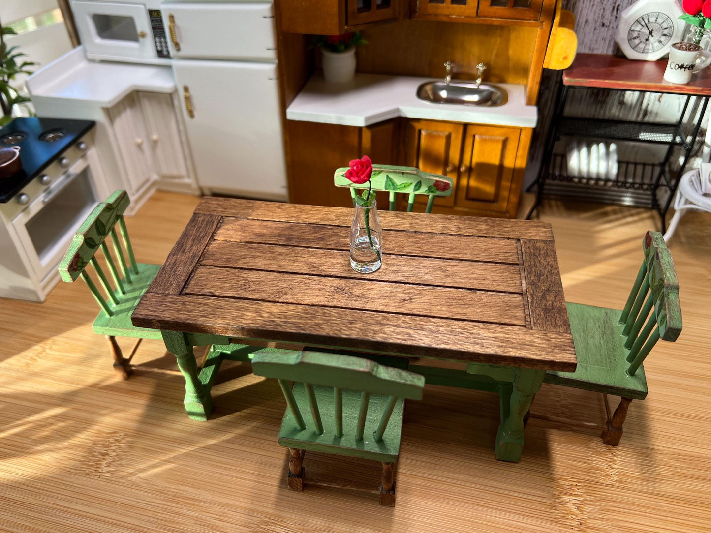Miniature Dining Room Set 1:12 Scale – Dollhouse Furniture Green Distressed Table & Chairs __etsy:6440598126