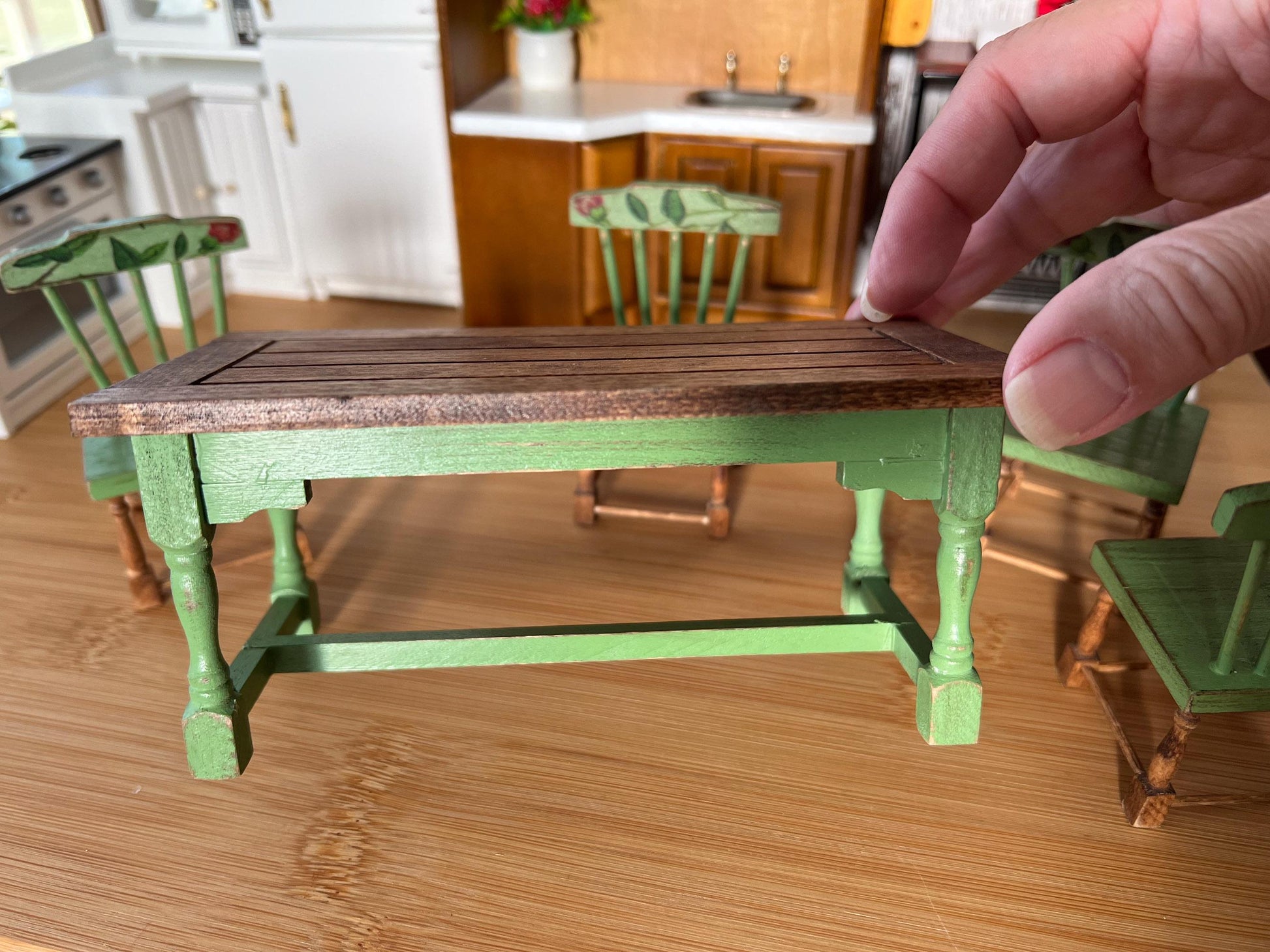 Miniature Dining Room Set 1:12 Scale – Dollhouse Furniture Green Distressed Table & Chairs __etsy:6440597982