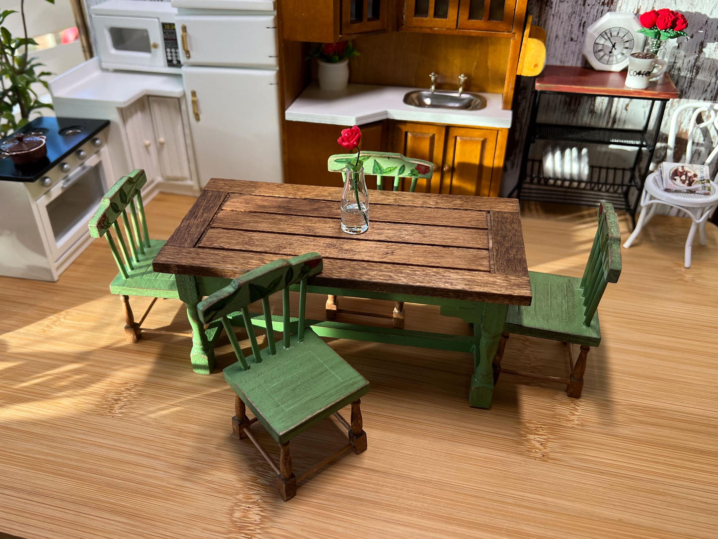 Miniature Dining Room Set 1:12 Scale – Dollhouse Furniture Green Distressed Table & Chairs __etsy:6488715937