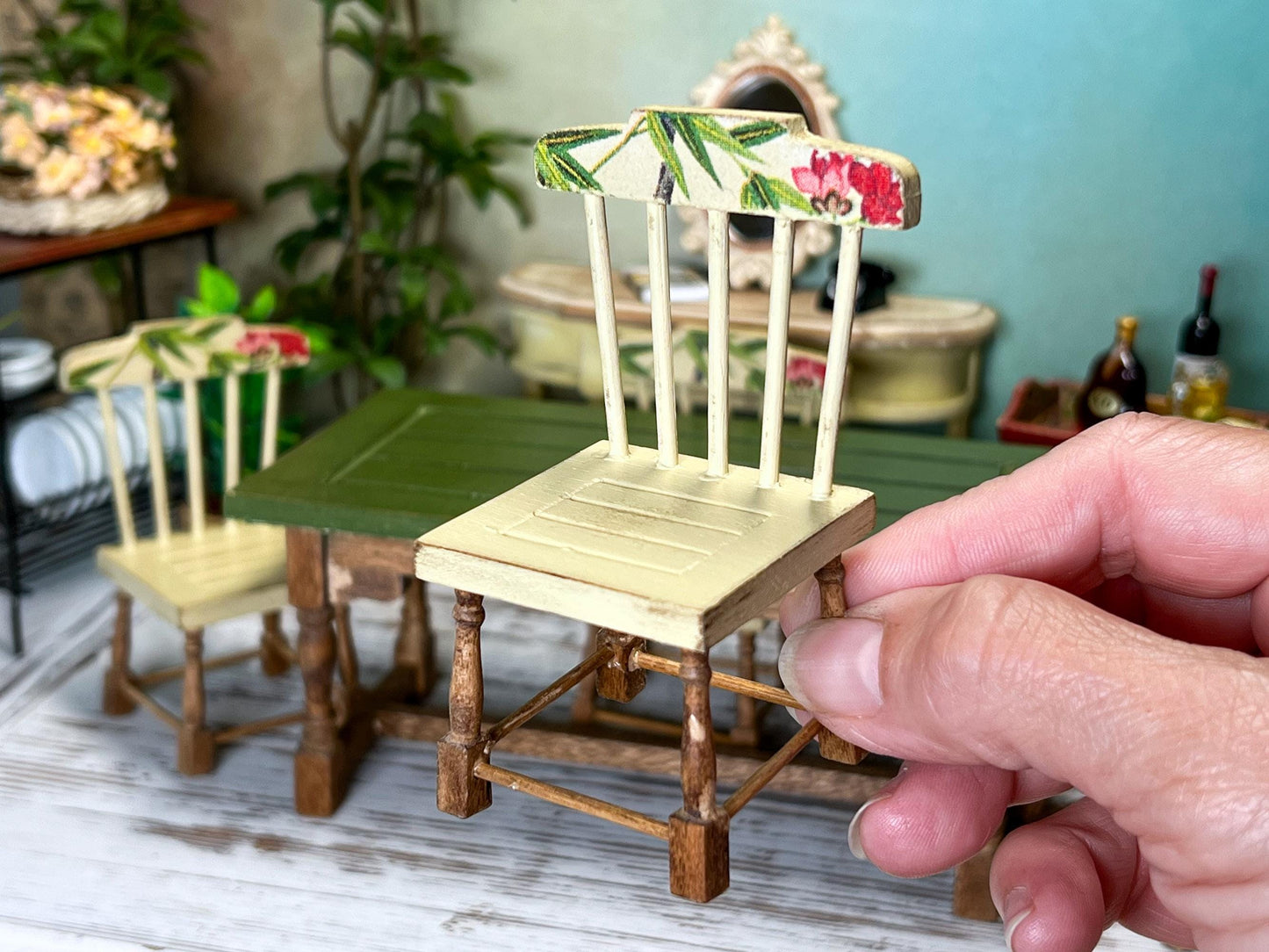Miniature Dining Room Set 1:12 Scale – Dollhouse Yellow/Green Distressed Table & Chairs __etsy:7798701358