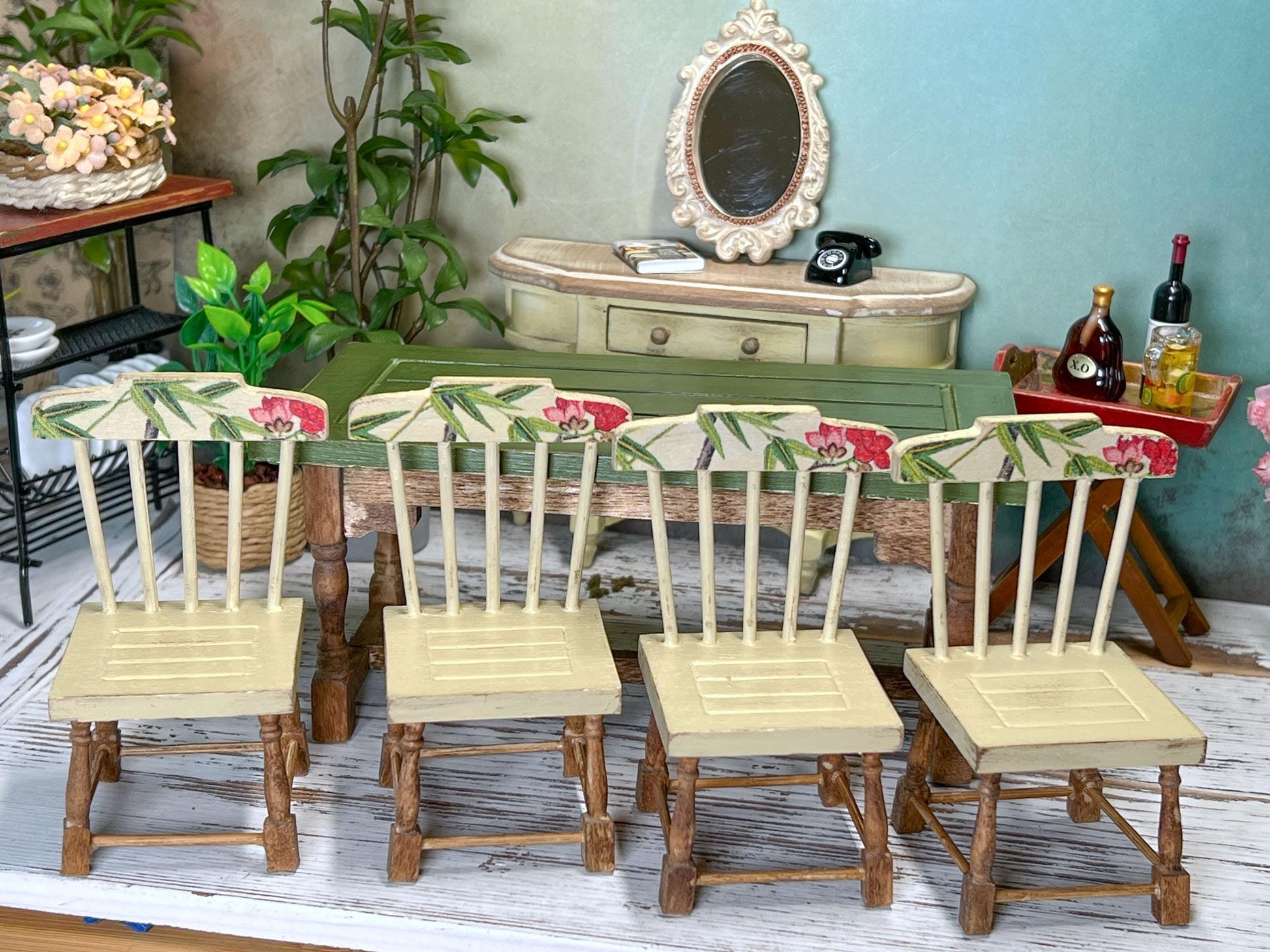 Miniature Dining Room Set 1:12 Scale – Dollhouse Yellow/Green Distressed Table & Chairs __etsy:7846638669