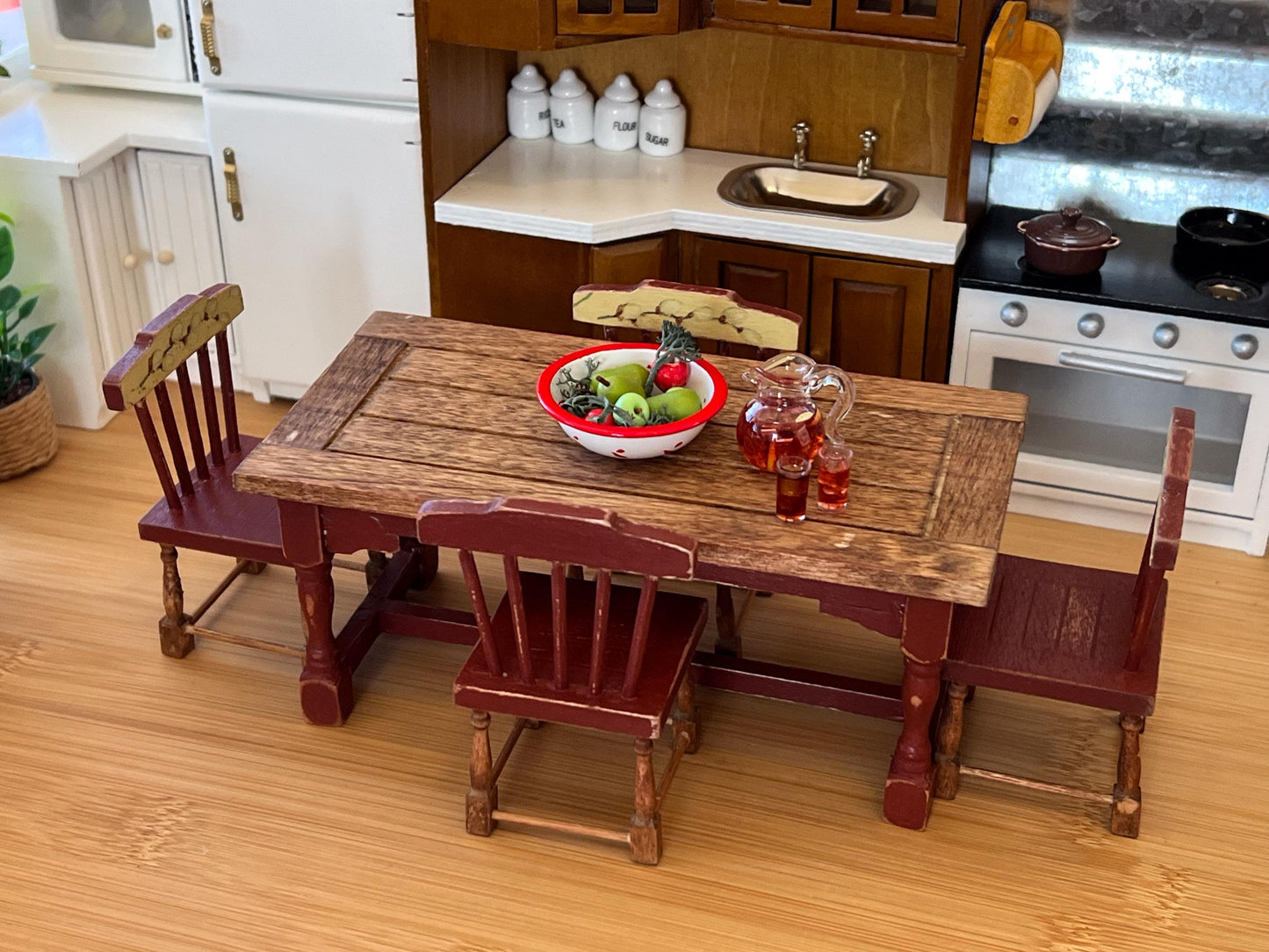 Miniature Dining Set-1:12 Scale – Dollhouse Furniture Barn Red Distressed Farmhouse Table & Chairs __etsy:6543924830