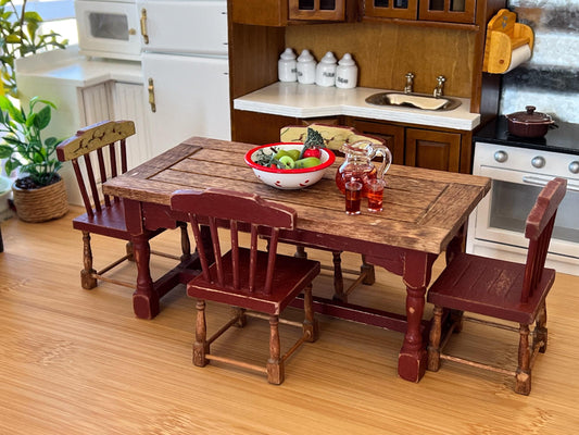 Miniature Dining Set-1:12 Scale – Dollhouse Furniture Barn Red Distressed Farmhouse Table & Chairs __etsy:6592042239