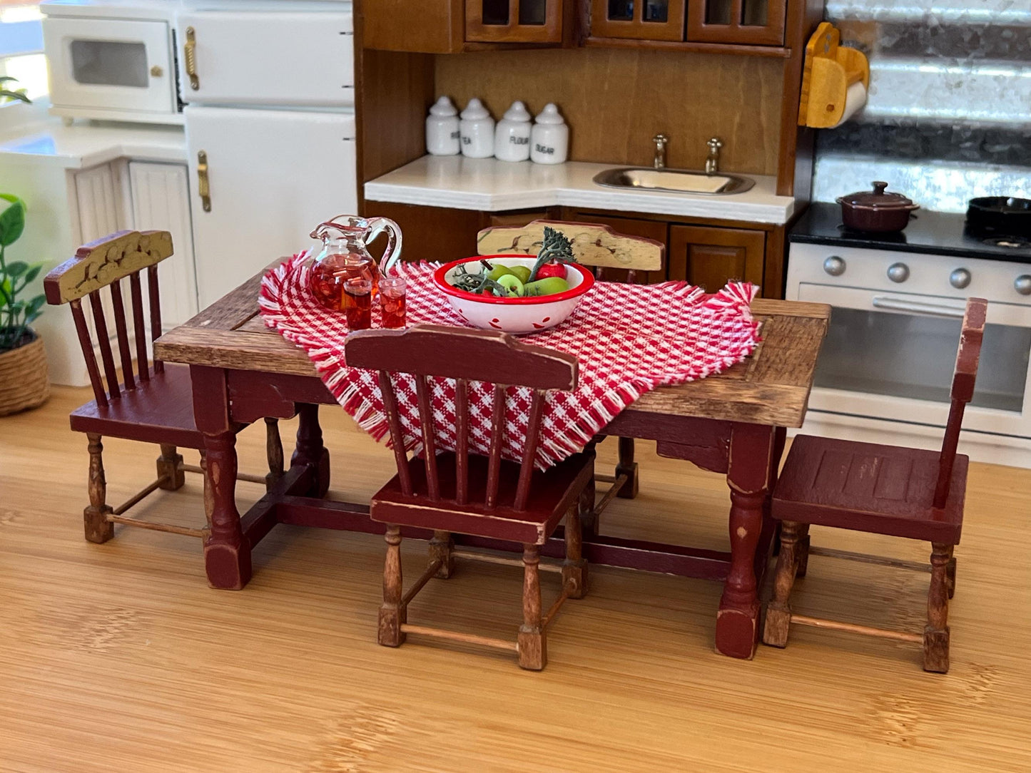 Miniature Dining Set-1:12 Scale – Dollhouse Furniture Barn Red Distressed Farmhouse Table & Chairs __etsy:6543924694