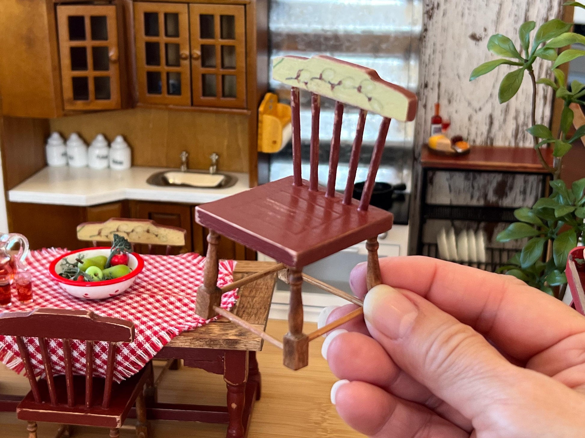 Miniature Dining Set-1:12 Scale – Dollhouse Furniture Barn Red Distressed Farmhouse Table & Chairs __etsy:6543924692