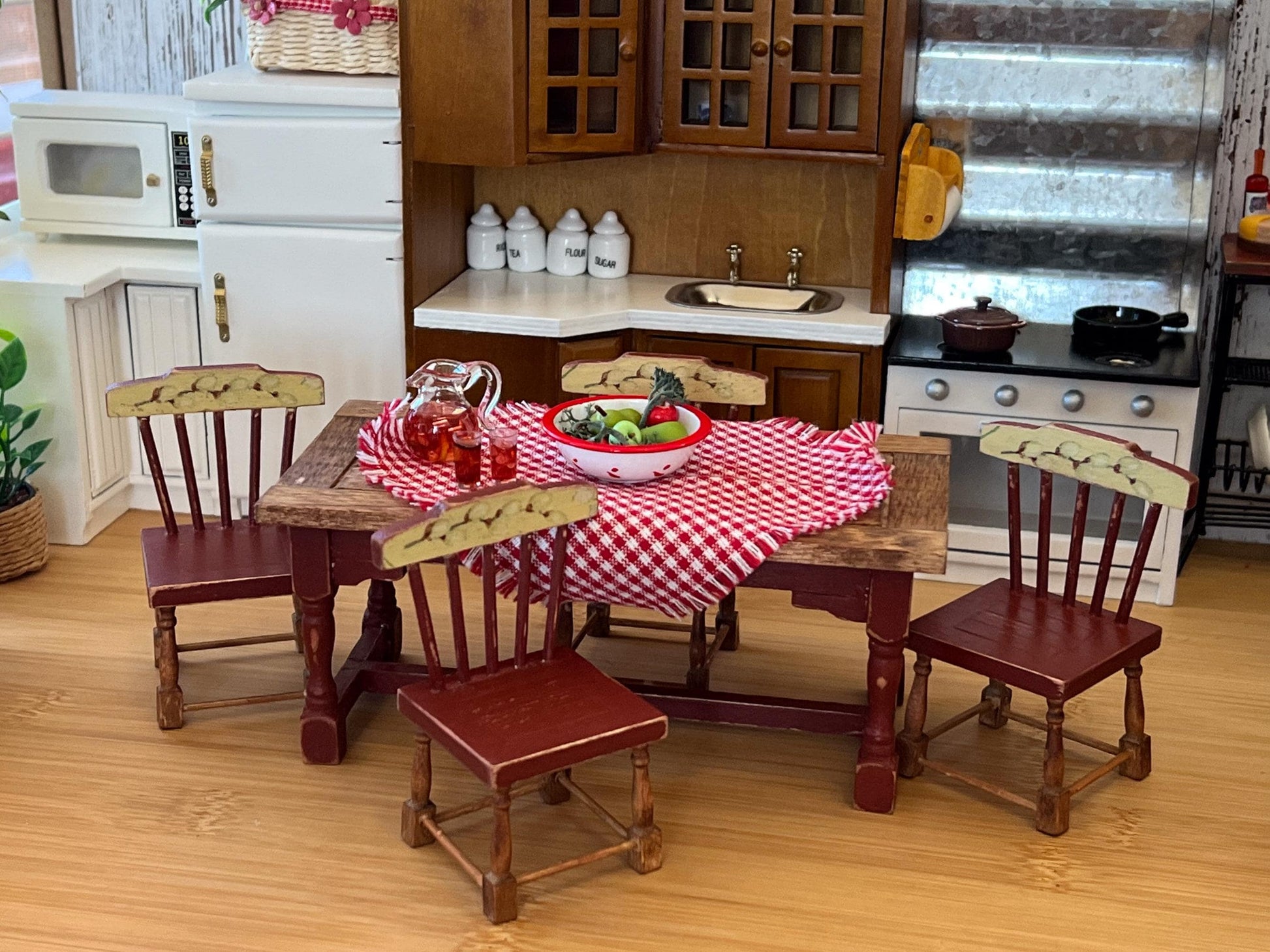 Miniature Dining Set-1:12 Scale – Dollhouse Furniture Barn Red Distressed Farmhouse Table & Chairs __etsy:6543924700