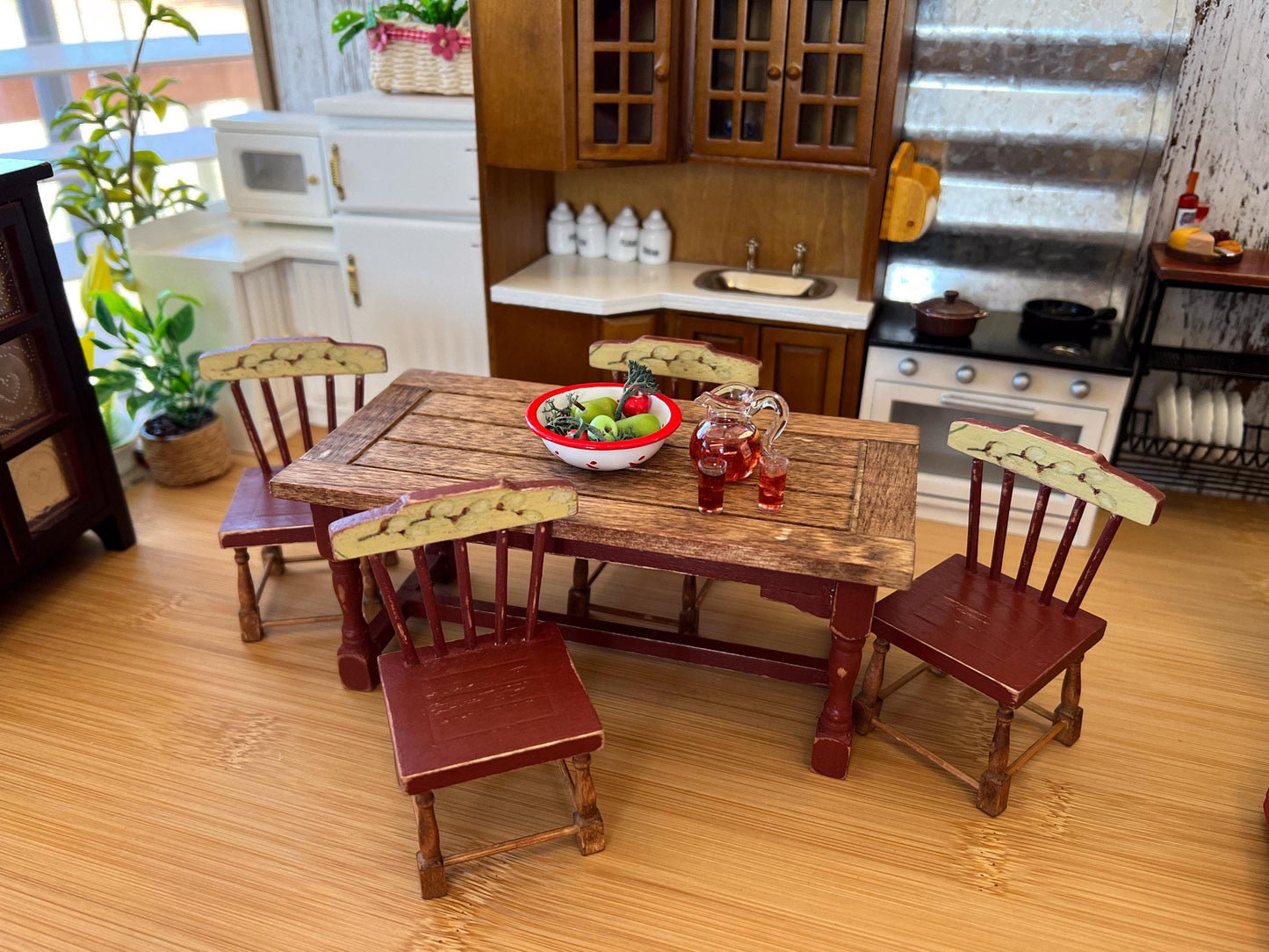 Miniature Dining Set-1:12 Scale – Dollhouse Furniture Barn Red Distressed Farmhouse Table & Chairs __etsy:6543924706