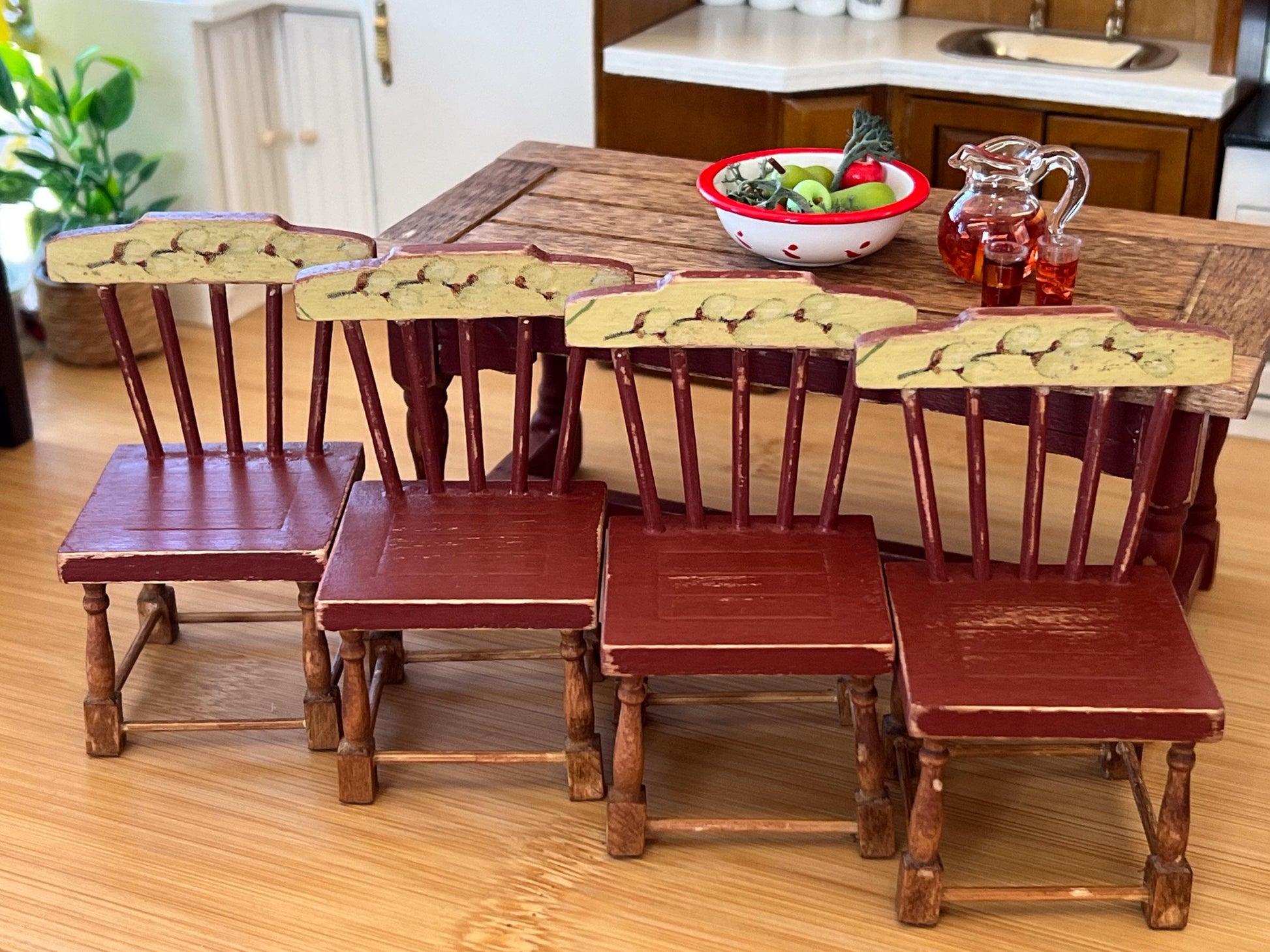 Miniature Dining Set-1:12 Scale – Dollhouse Furniture Barn Red Distressed Farmhouse Table & Chairs __etsy:6543924702
