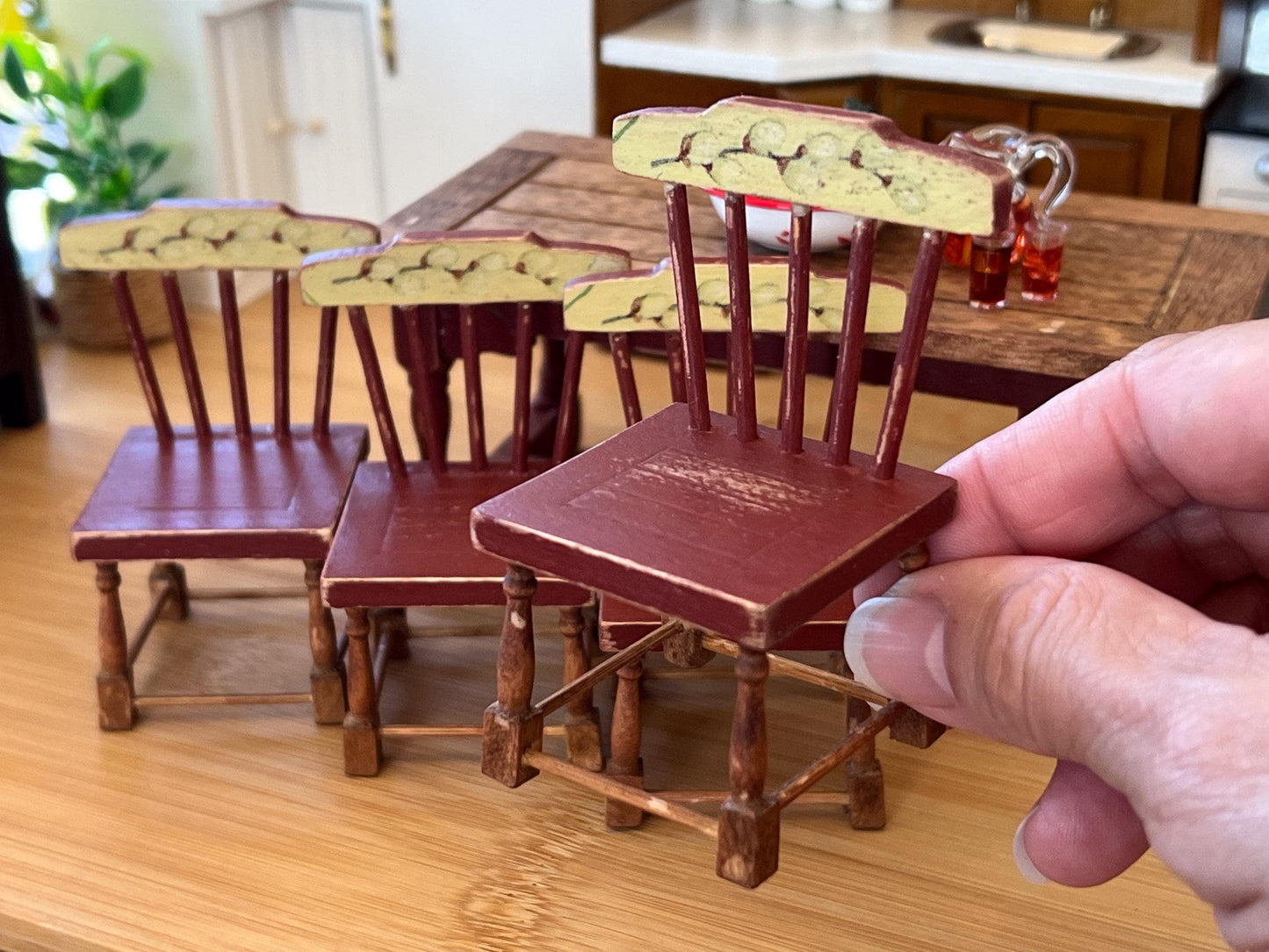 Miniature Dining Set-1:12 Scale – Dollhouse Furniture Barn Red Distressed Farmhouse Table & Chairs __etsy:6592042203