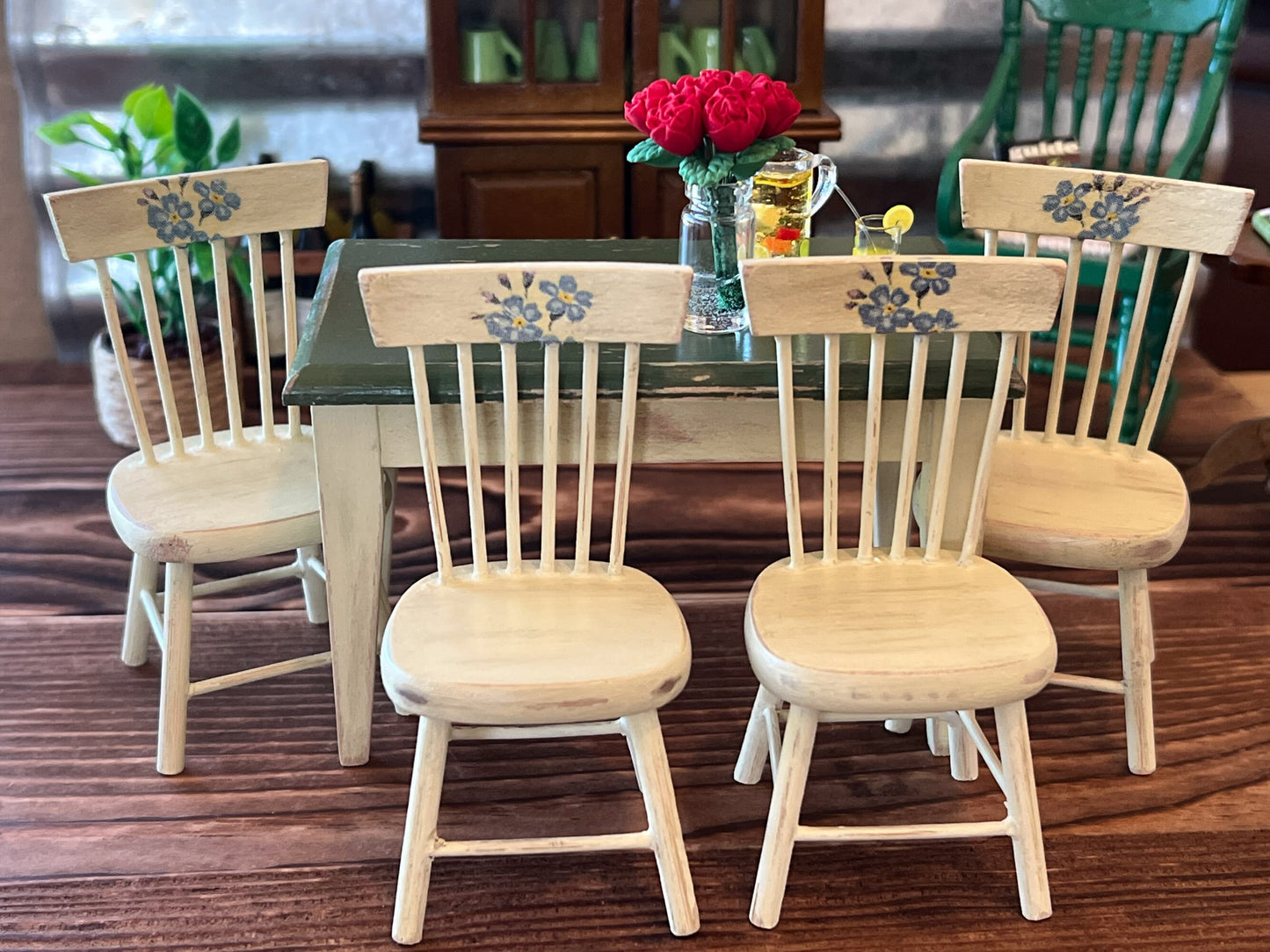 Miniature Dining Set 1:12 Scale – Dollhouse Furniture Distressed Country Table & Chairs __etsy:5976668759