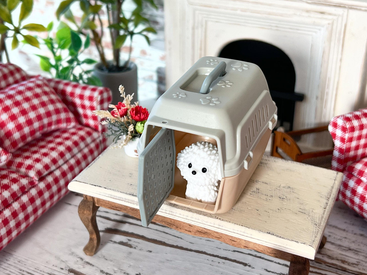 Miniature Dog Crate with White Poodle | 1:12 Scale Dollhouse Pet Accessory __etsy:7679555809