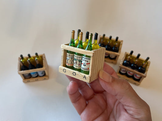 Cute mini refrigerator 6 pack wine magnet in wooden case. Use it on your refrigerator or your dollhouse. It has 6 bottles of different kinds of wine. You will receive a random case; I do not have two alike and are too many to list individually. __etsy:6230402184