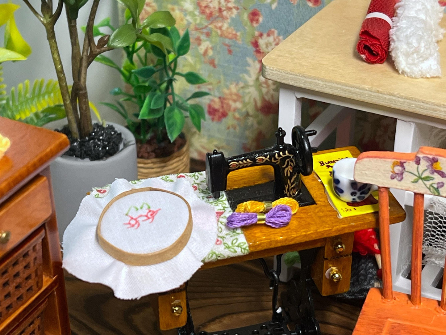 Miniature Embroidery Set  1:12 Scale – Dollhouse Sewing Room Decor – Includes Hoop & Thread __etsy:6937683236