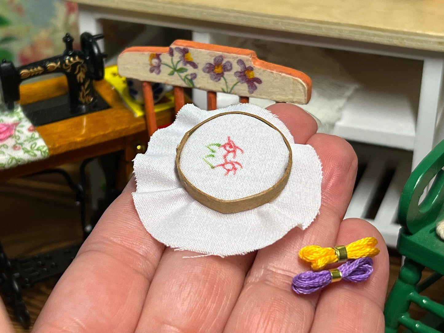Miniature Embroidery Set  1:12 Scale – Dollhouse Sewing Room Decor – Includes Hoop & Thread __etsy:6985653221