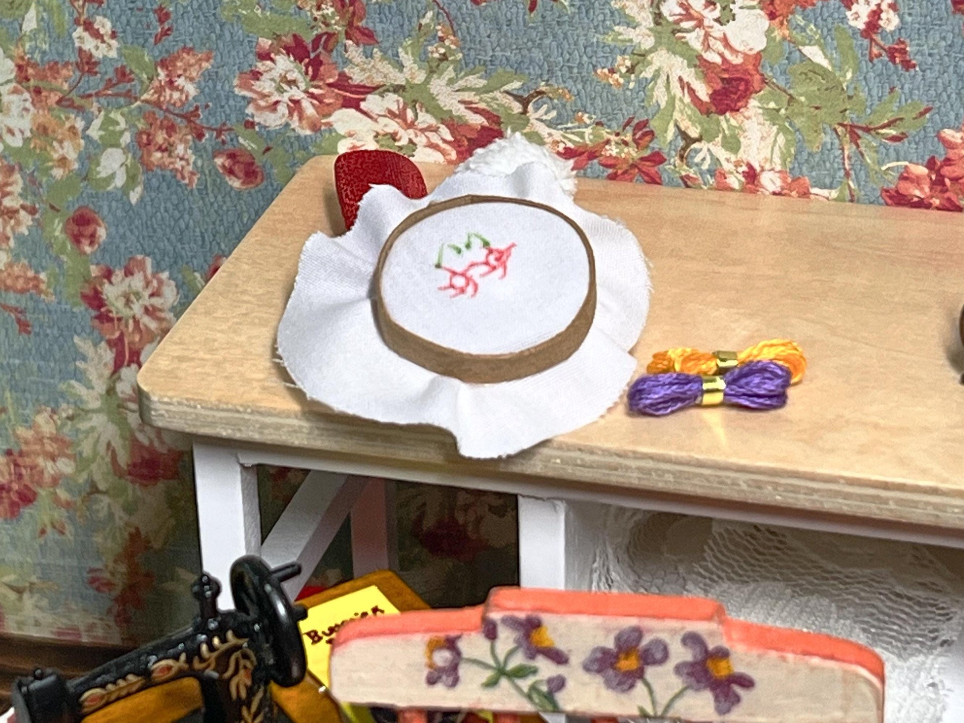 Miniature Embroidery Set  1:12 Scale – Dollhouse Sewing Room Decor – Includes Hoop & Thread __etsy:6985653229