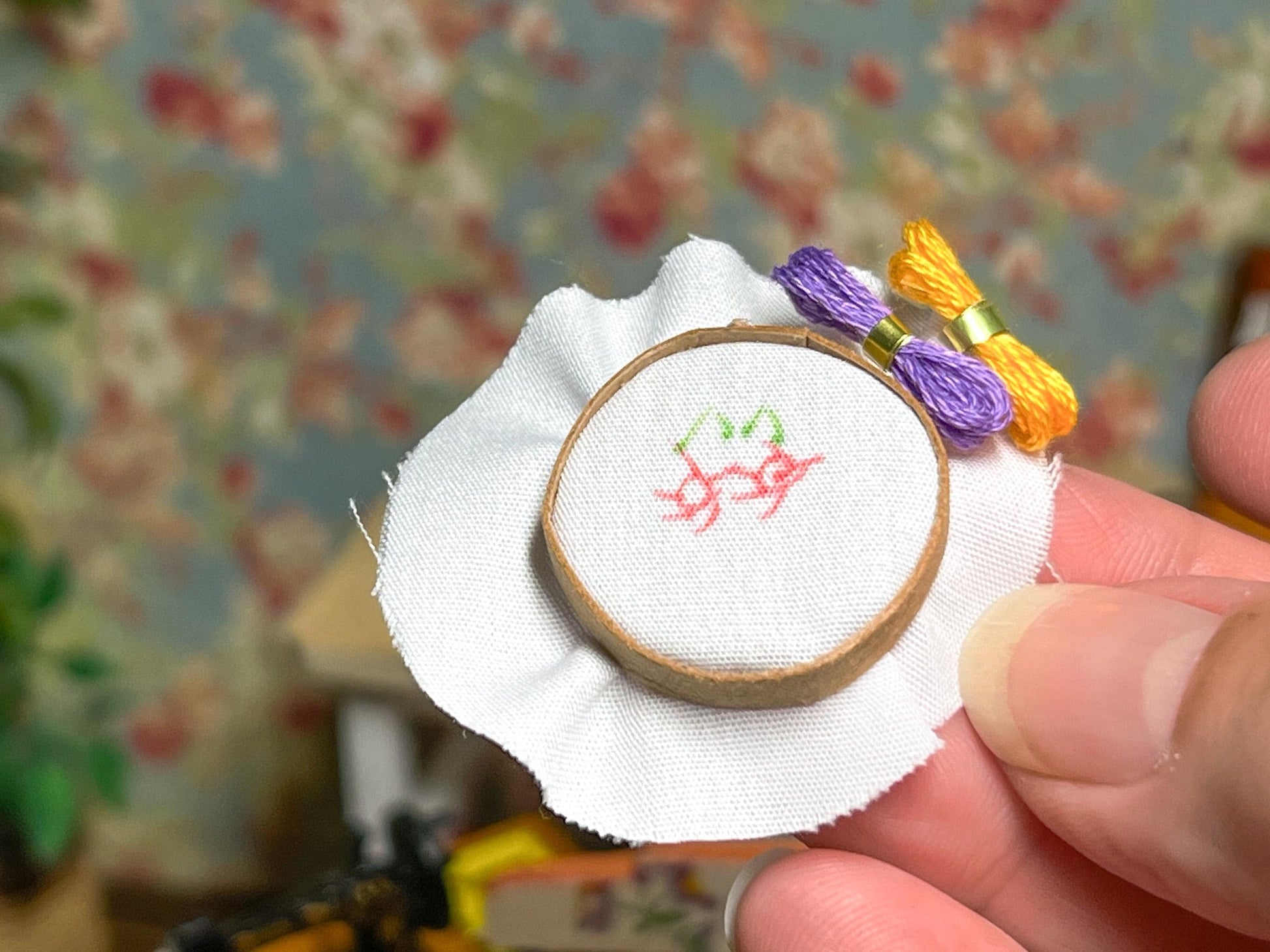 Miniature Embroidery Set  1:12 Scale – Dollhouse Sewing Room Decor – Includes Hoop & Thread __etsy:6937683384