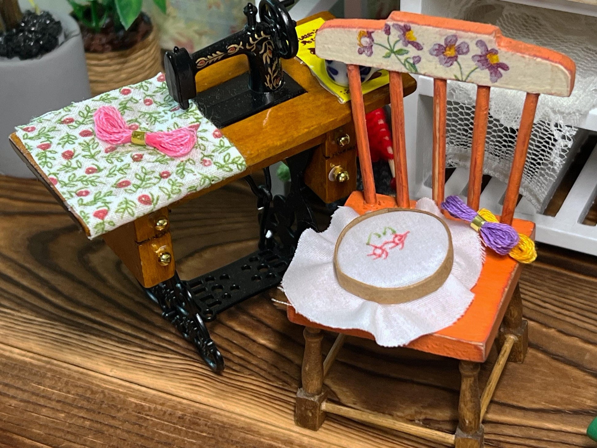 Miniature Embroidery Set  1:12 Scale – Dollhouse Sewing Room Decor – Includes Hoop & Thread __etsy:6937683376