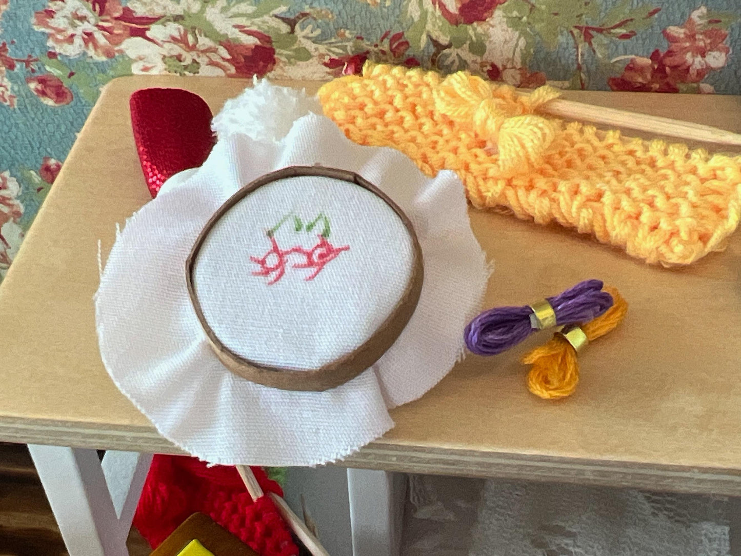 Miniature Embroidery Set  1:12 Scale – Dollhouse Sewing Room Decor – Includes Hoop & Thread __etsy:6985653329