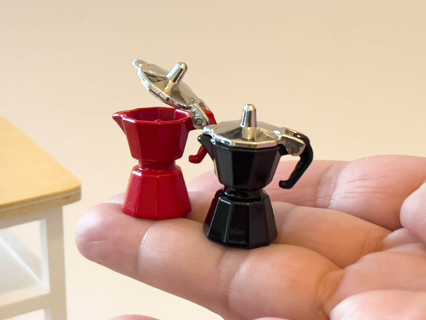 Classic Italian or Cuban Expresso coffee maker, it is made of metal and comes in black or red finish with a cover that opens and close. Pretend to make rich, aromatic espresso for your dolls. __etsy:5868210511