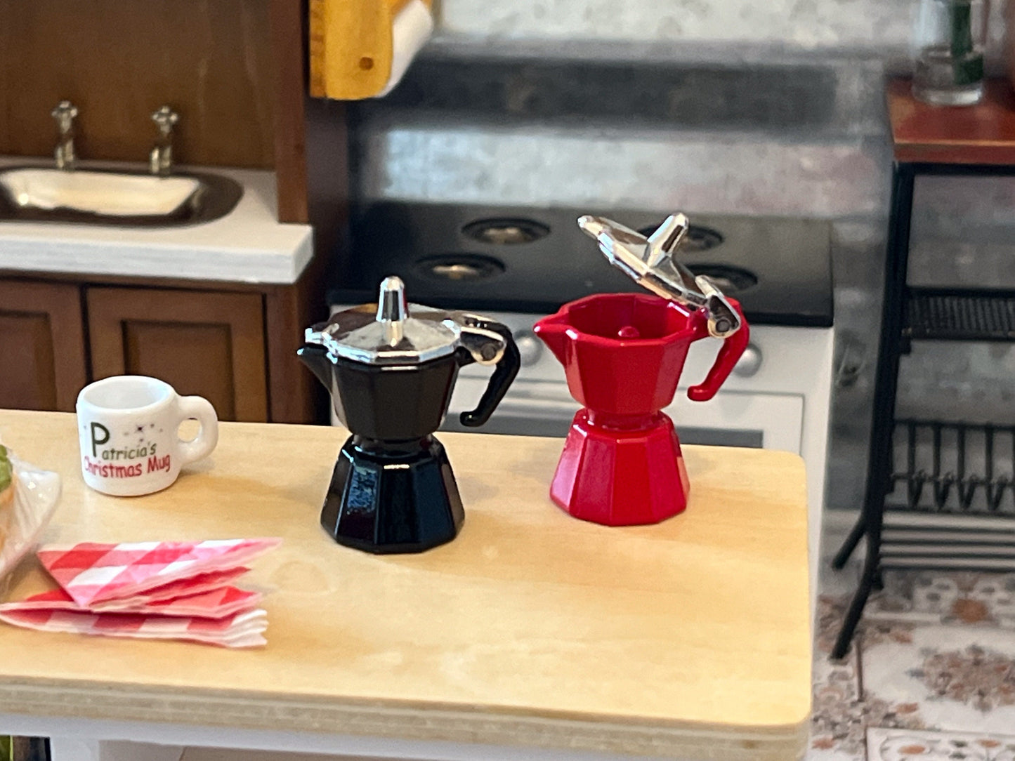 Miniature Espresso Coffee Maker – 1:12 Scale - Dollhouse Metal Moka Pot | Red or Black __etsy:5868210389