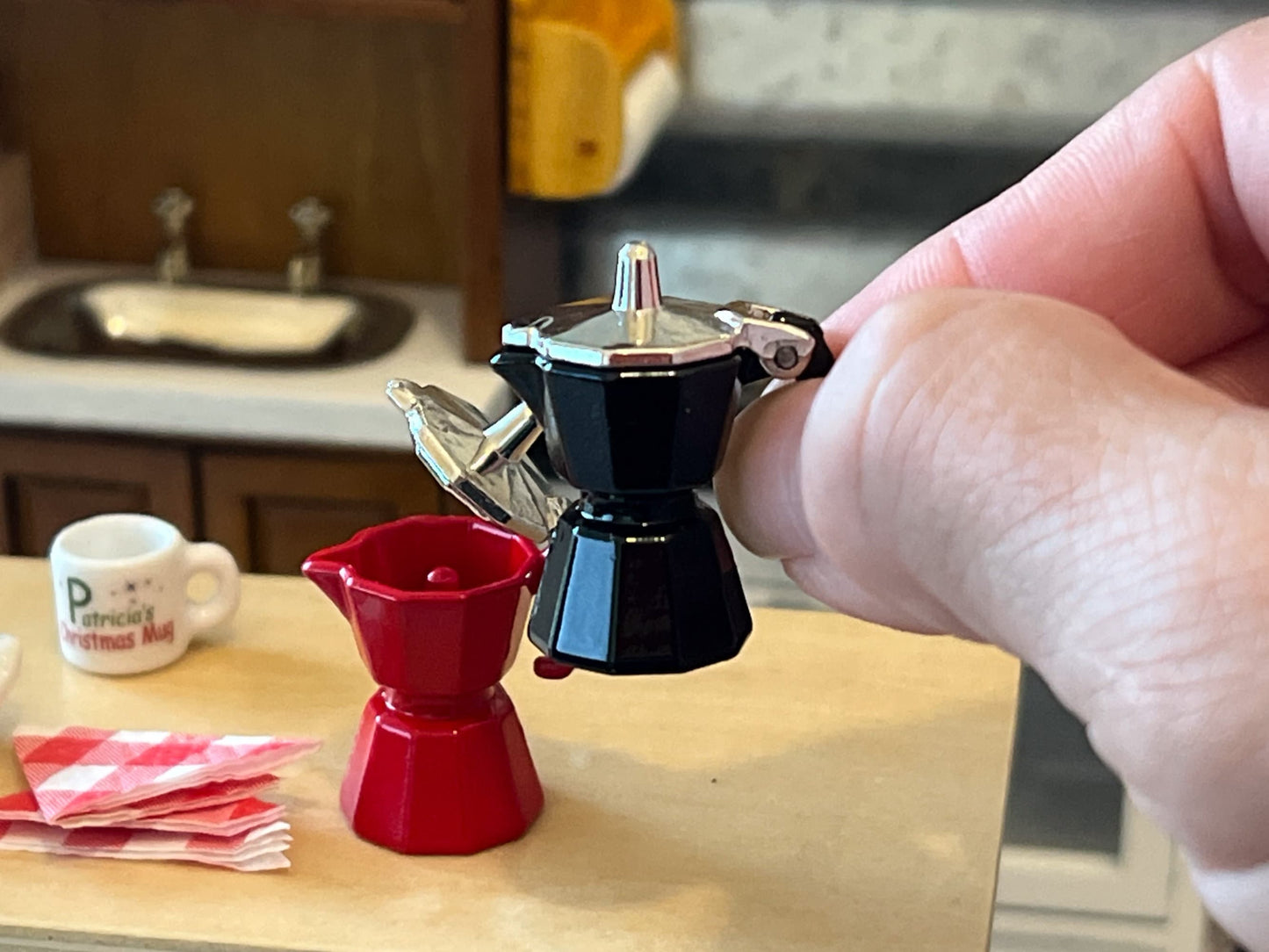 Miniature Espresso Coffee Maker – 1:12 Scale - Dollhouse Metal Moka Pot | Red or Black __etsy:5868210377