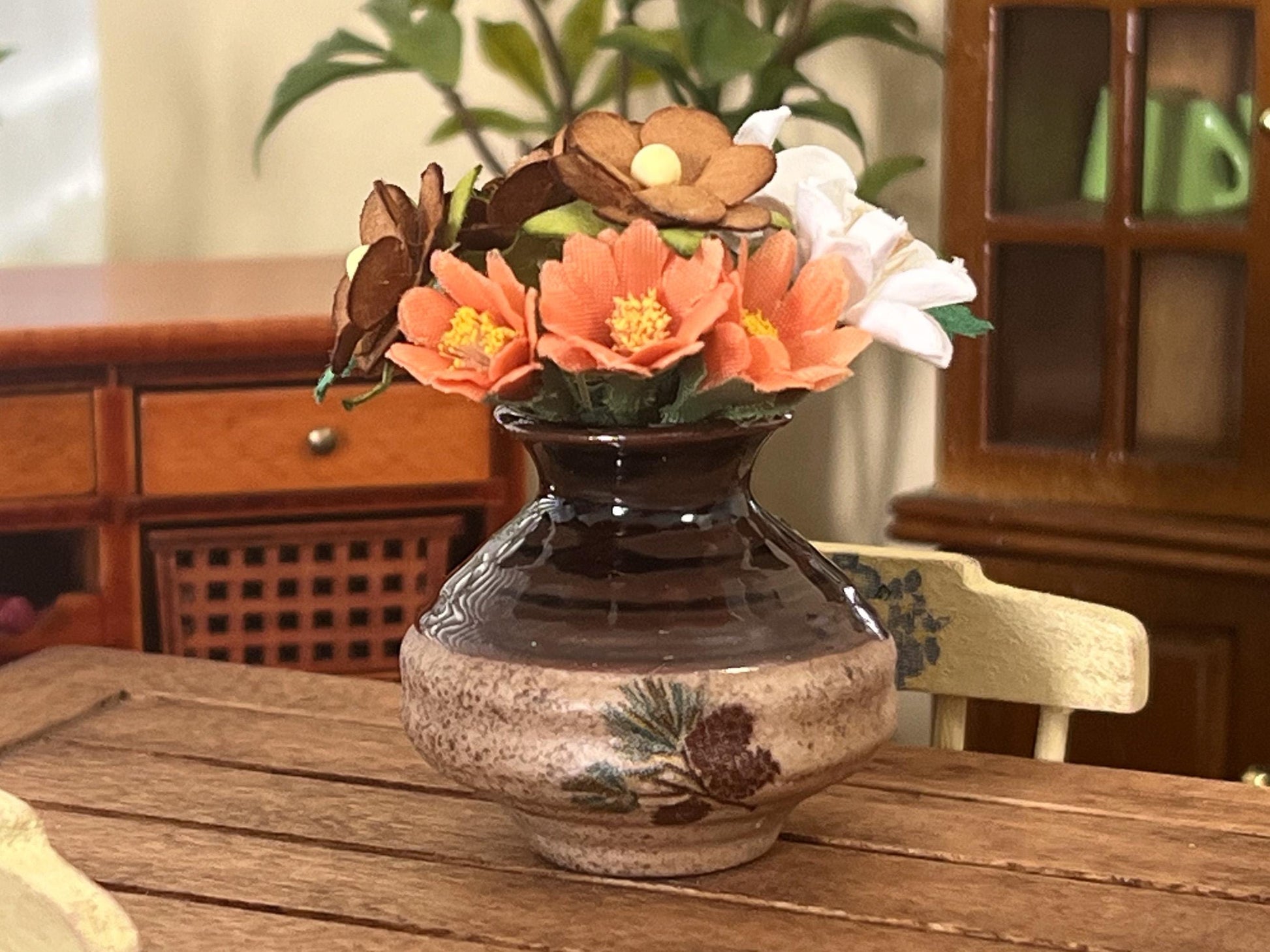 Miniature Fall Vase – 1:6 Scale Dollhouse Decor, Pinecone & Handmade Flowers __etsy:7012851511