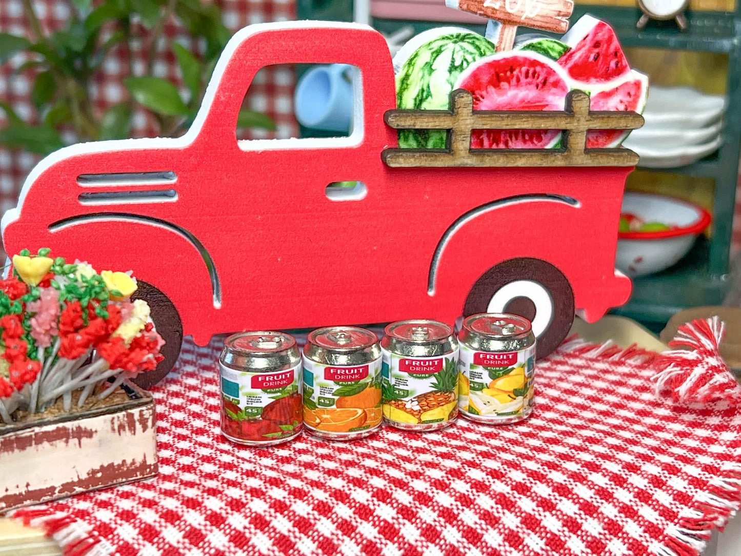 Miniature Fruit Juice Cans – 1:12 Scale, Set of 4 - Dollhouse Fruits __etsy:6724726175