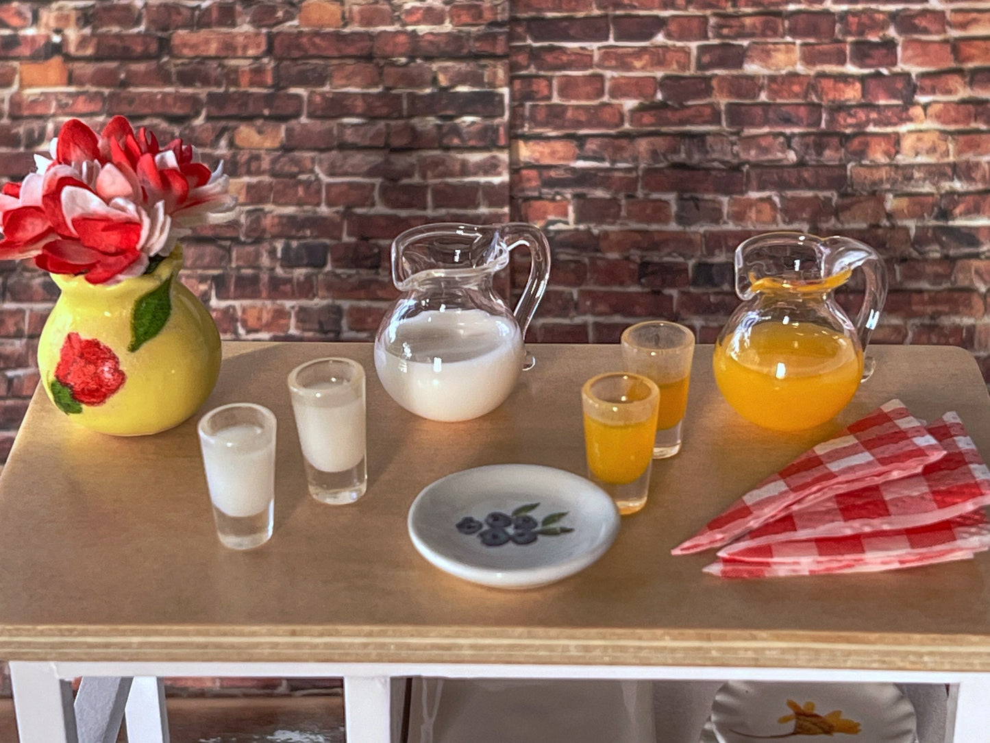 These 1:12 scale sets are adorable, realistic, and made to perfection. Listing is a 3pc set that includes either the milk pitcher with glasses or the orange juice pitcher with glasses.  These little cuties are an essential item. __etsy:5556106432
