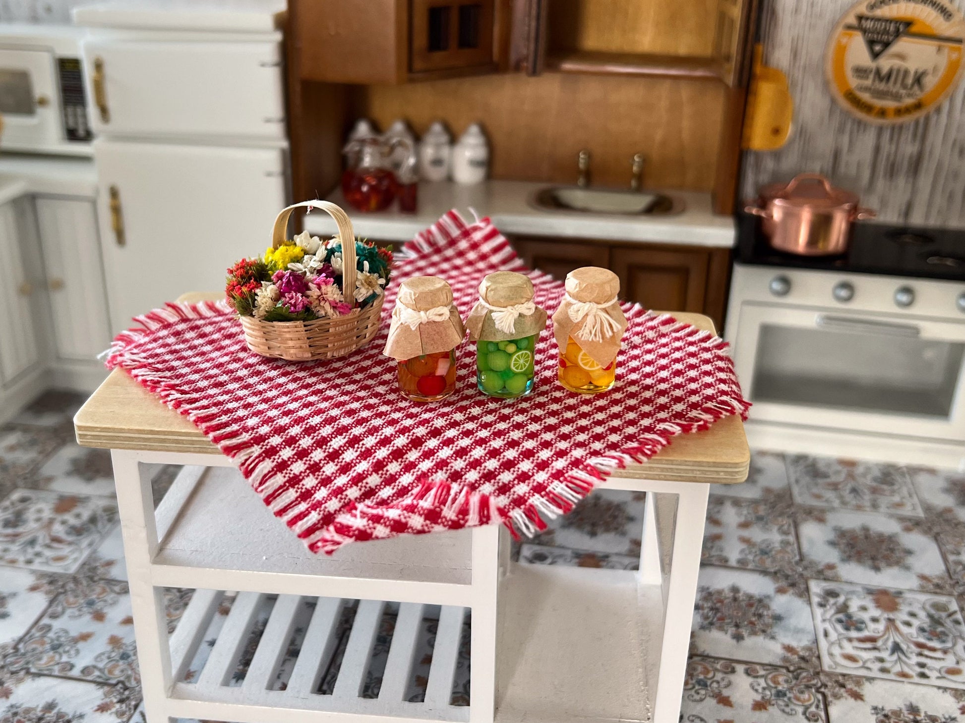 Miniature Glass Preserves 1:12 Scale - 3PC Dollhouse Jam Filled in Orange, Cherry, Lime __etsy:6154116283