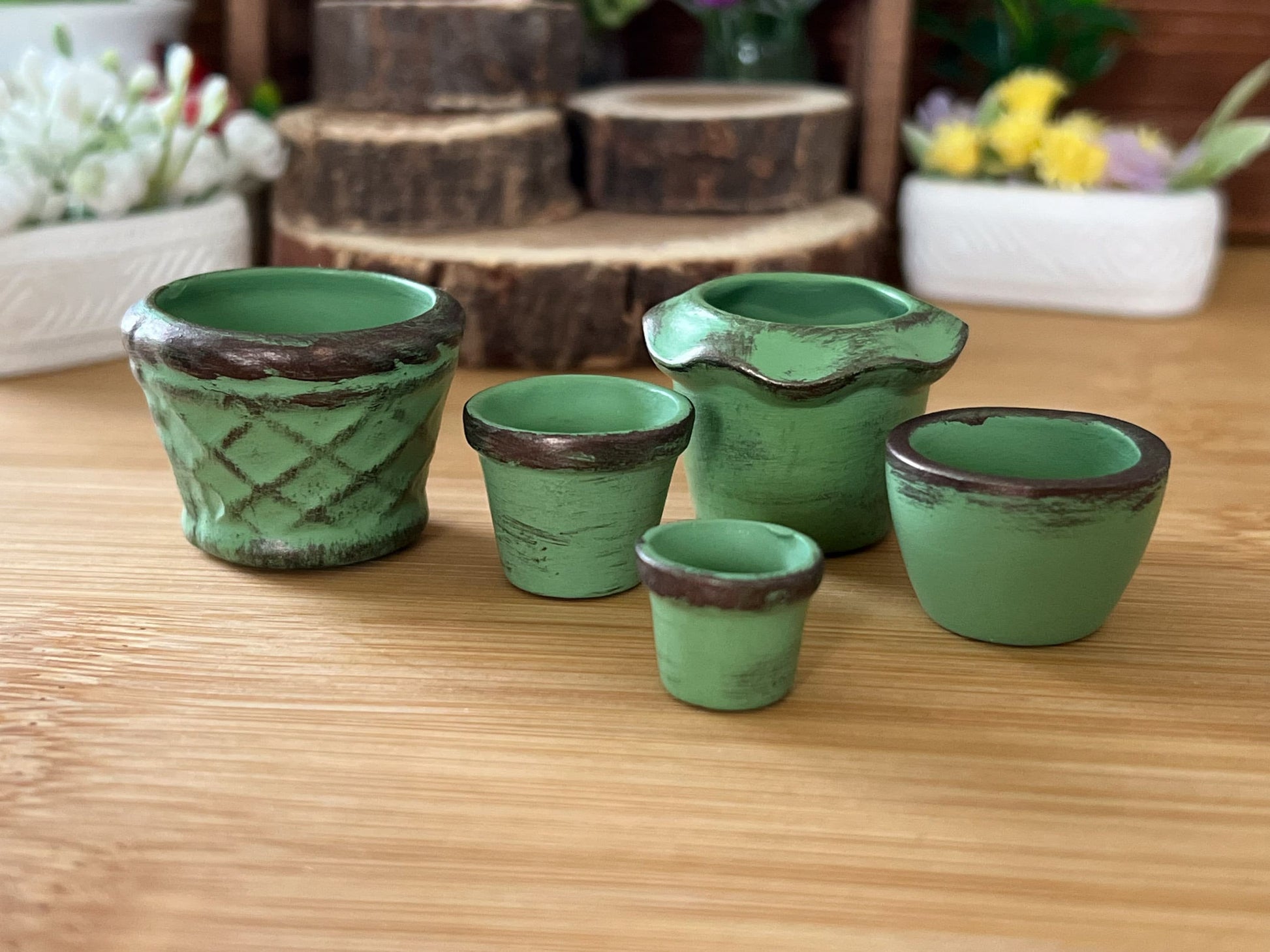 Miniature Green Clay Planters 5PC Set - 1:12 Scale-Dollhouse Pots with Copper Rim __etsy:5911806221