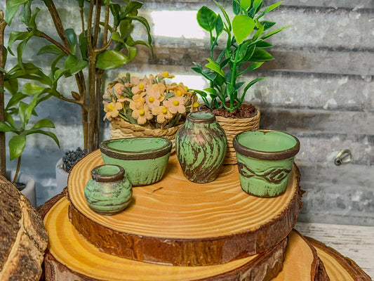 Miniature Green Clay Planters 4PC Set - 1:12 Scale-Dollhouse Pots with Copper Rim __etsy:7703327933