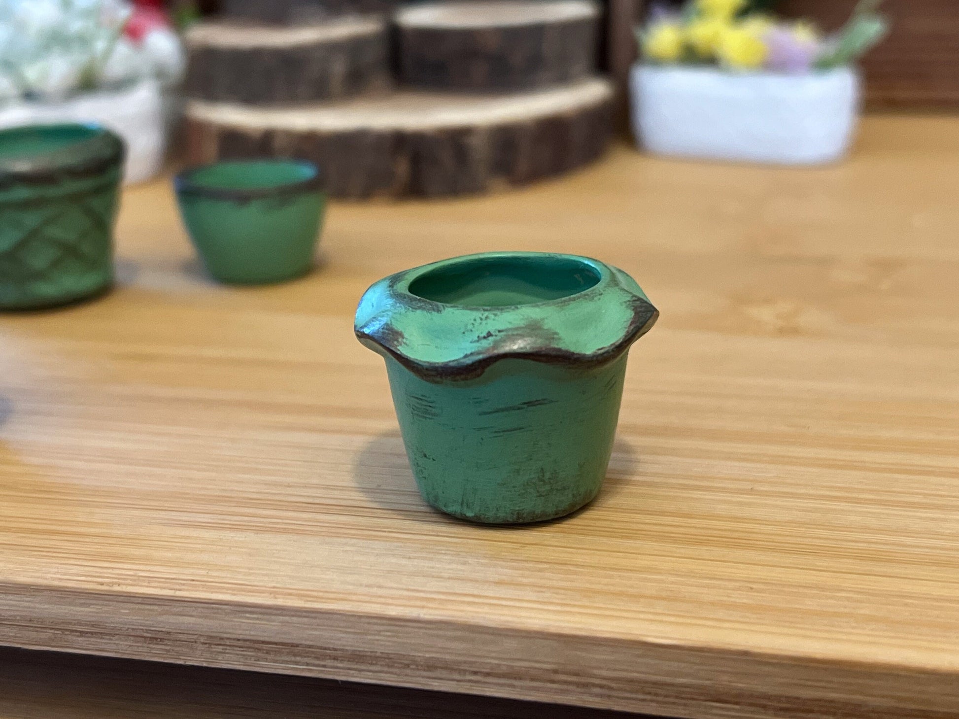 Miniature Green Clay Planters 5PC Set - 1:12 Scale-Dollhouse Pots with Copper Rim __etsy:5863712974
