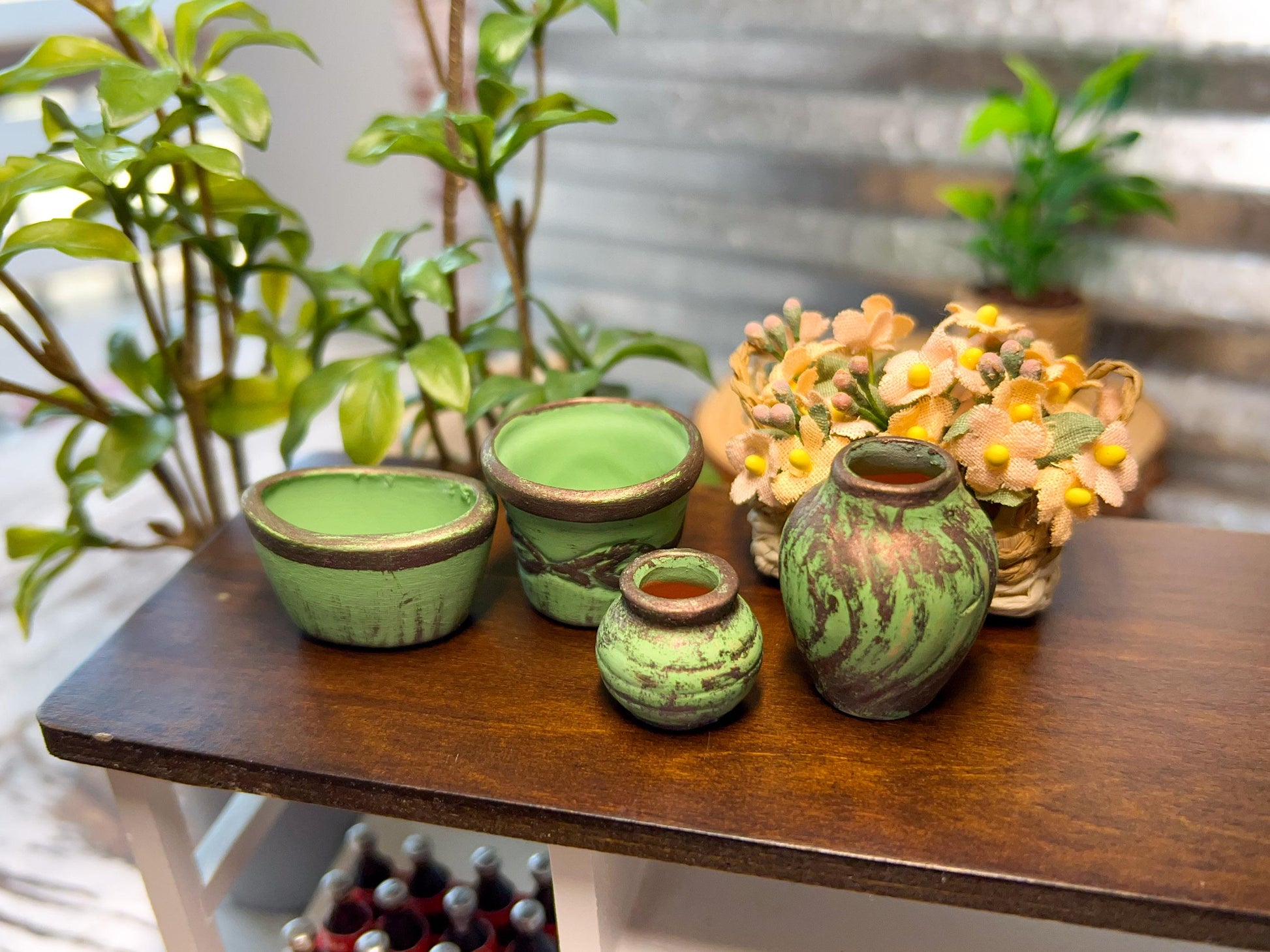 Miniature Green Clay Planters 4PC Set - 1:12 Scale-Dollhouse Pots with Copper Rim __etsy:7655380724
