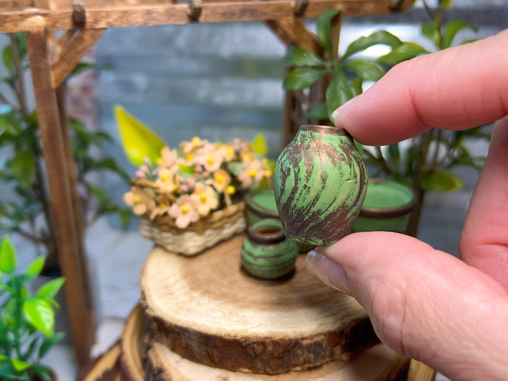 Miniature Green Clay Planters 4PC Set - 1:12 Scale-Dollhouse Pots with Copper Rim __etsy:7655380708