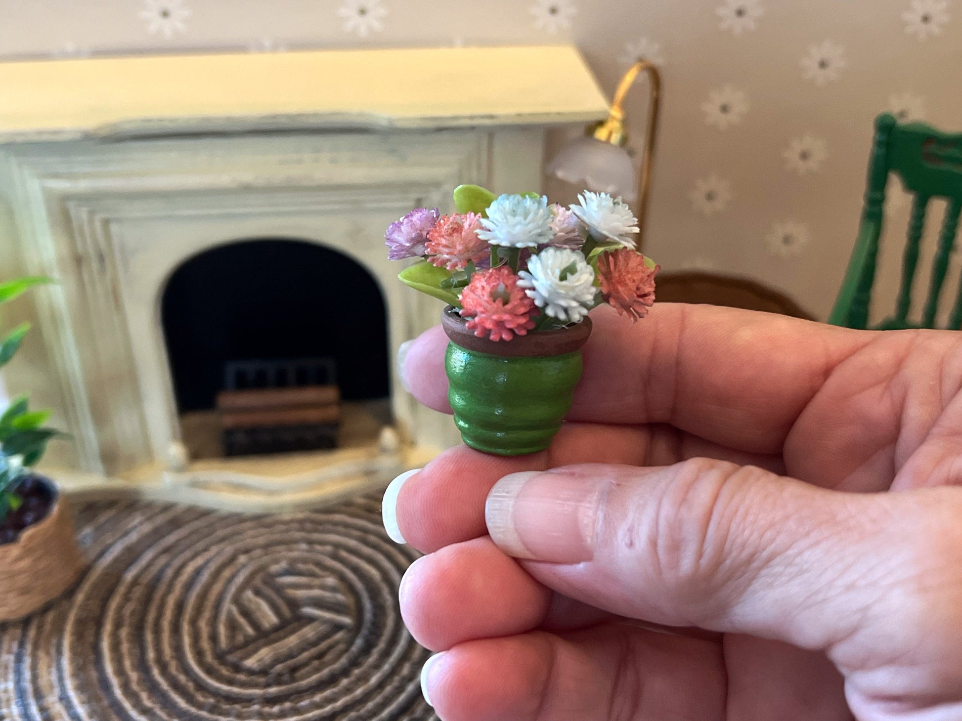 Miniature Green Clay Pot 1:12 Scale, Dollhouse Decor with Plastic Baby Breath Flowers __etsy:5607466742