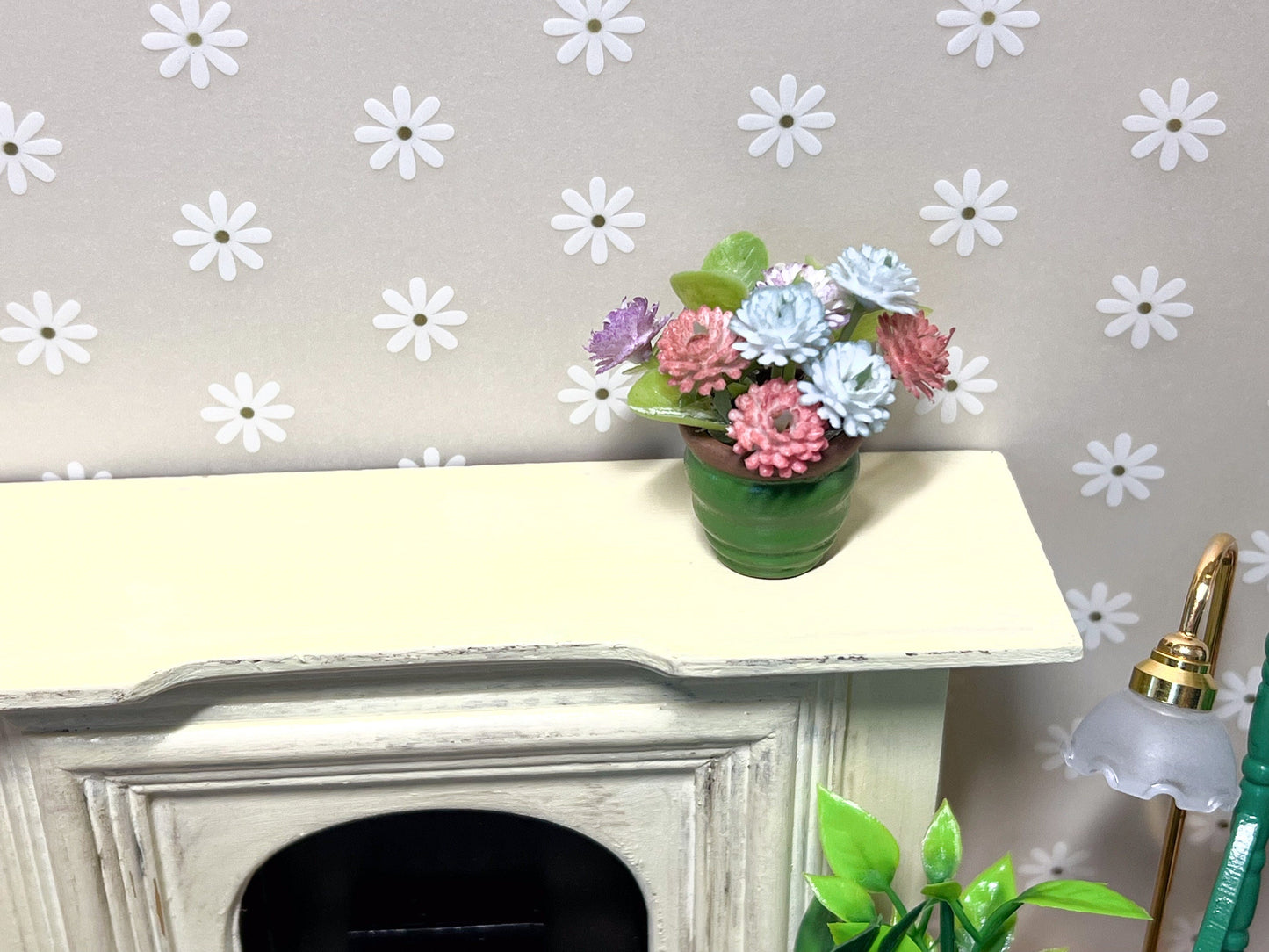 Miniature Green Clay Pot 1:12 Scale, Dollhouse Decor with Plastic Baby Breath Flowers __etsy:5607466912