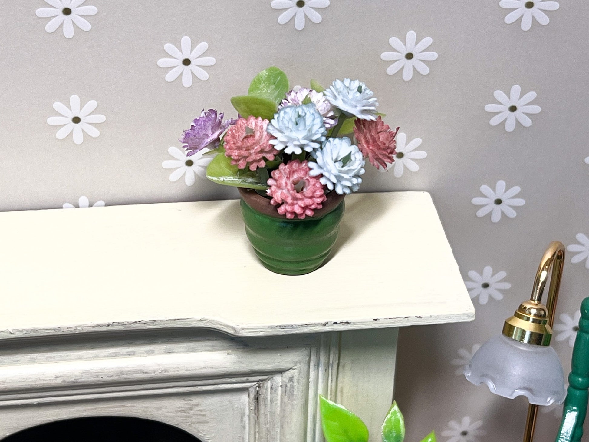 Miniature Green Clay Pot 1:12 Scale, Dollhouse Decor with Plastic Baby Breath Flowers __etsy:5655553673