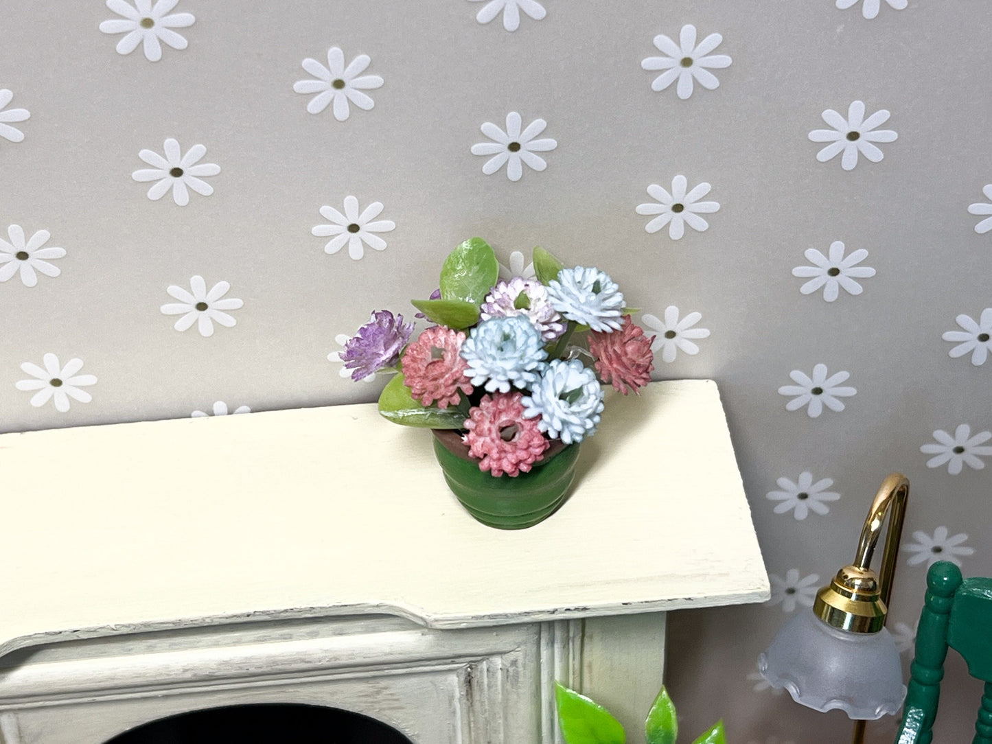 Miniature Green Clay Pot 1:12 Scale, Dollhouse Decor with Plastic Baby Breath Flowers __etsy:5607466960