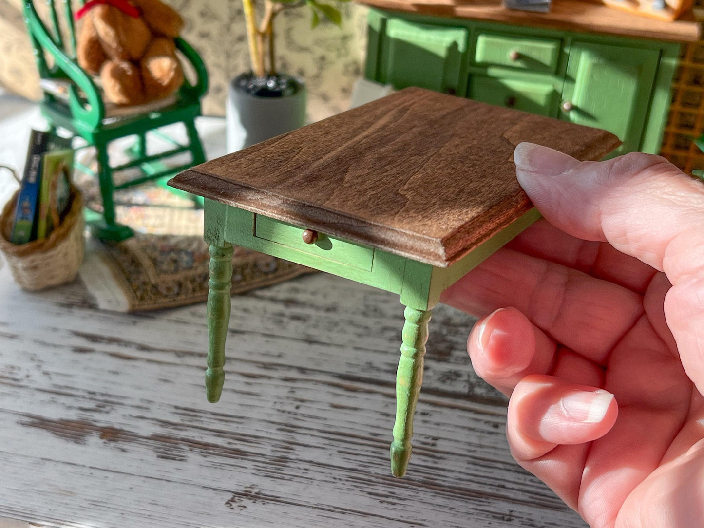 Miniature Green Dining Table 1:12 Scale, Dollhouse Furniture Rustic Table or Mini Desk __etsy:7891306562