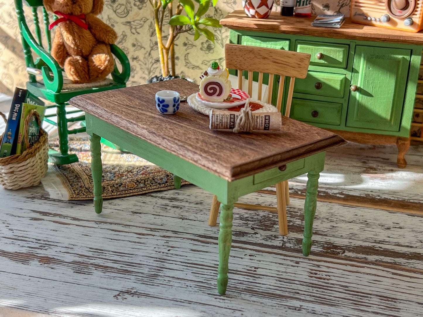 Miniature Green Dining Table 1:12 Scale, Dollhouse Furniture Rustic Table or Mini Desk __etsy:7939263139