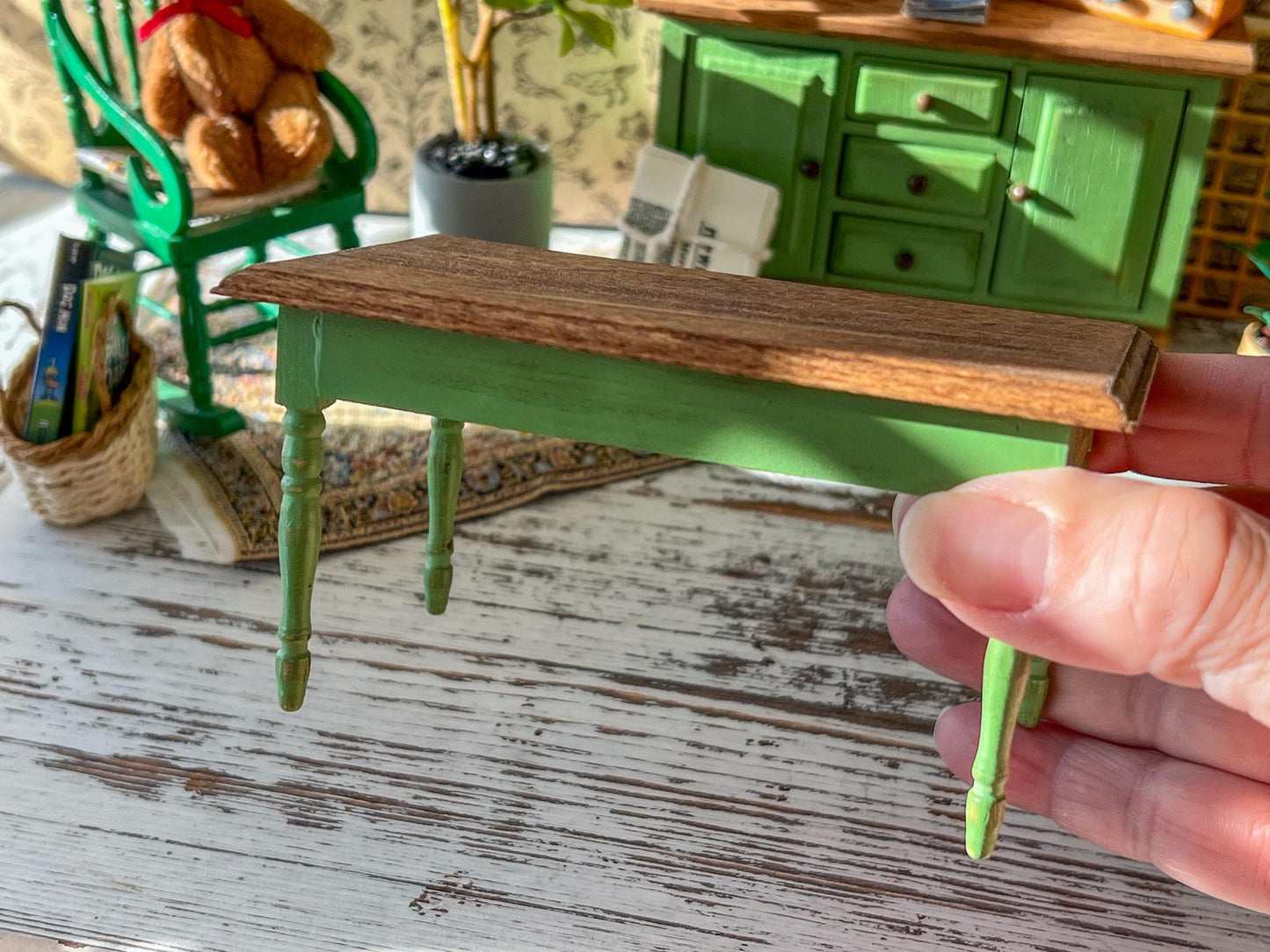 Miniature Green Dining Table 1:12 Scale, Dollhouse Furniture Rustic Table or Mini Desk __etsy:7891306578